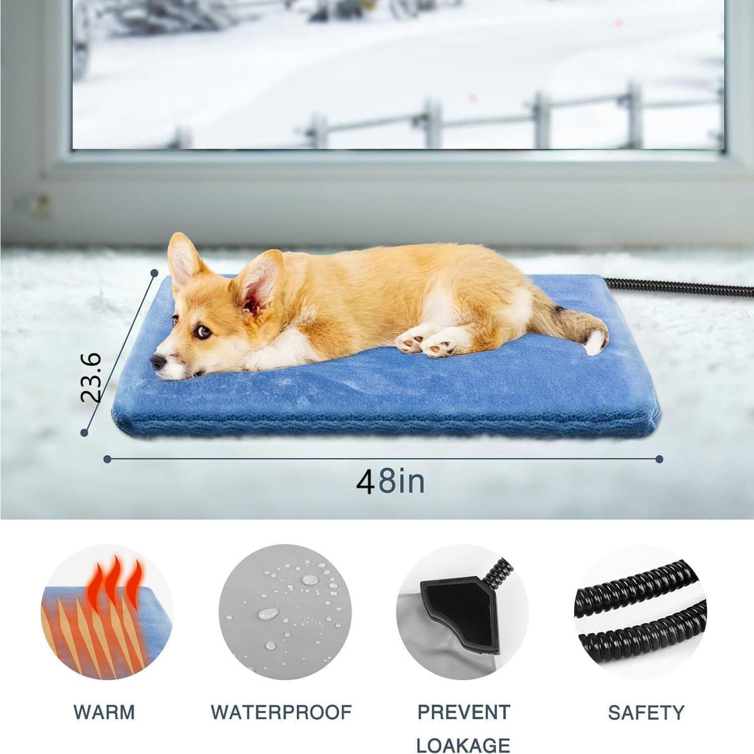 Pet Heating Pad For Dogs & Cats, 48 X 23.6in Waterproof Indoor Outdoor Warming Mat With Chew Resistant Cord, Auto Shut Off Timer, Safe Heated Bed For Puppy Kitten Elderly Pets