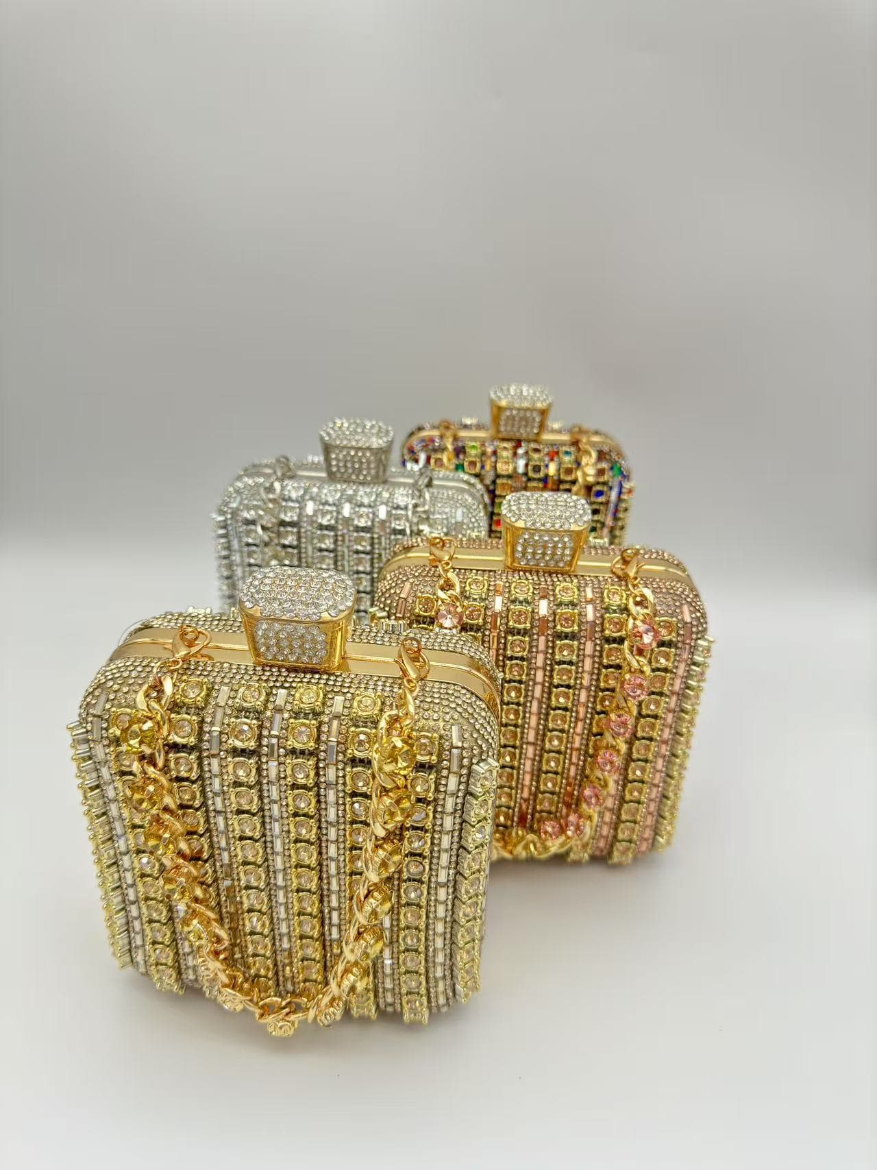 Women's Handmade Chain Rhinestone Square Mini Bag, Full Rhinestone Evening Clutch, Top-Handle Handbag, Sparkling Mini Square Purse For Party & Wedding