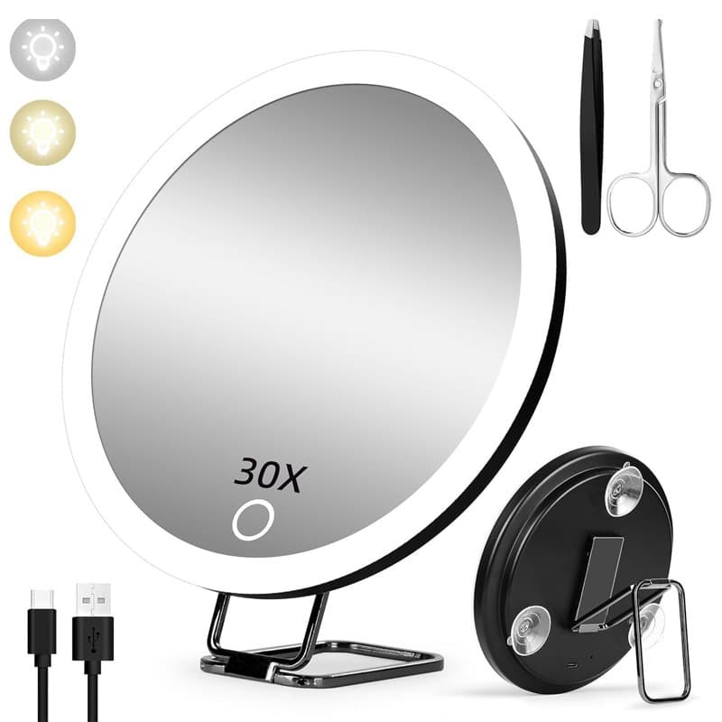 30X Magnifying Mirror With Lights, Large 6'' Makeup Magnifying Mirror, 3Lighted
