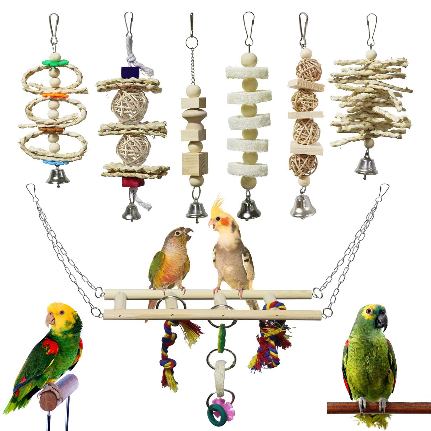 7 Pack Bird & Parrot Toys, Bird Cage Toys For Conures, Wood Chew Set Natural Wood, Bird Toys & Conure Toys, Climbing & Hanging Play, Hammock Rest, Corn Leaves & Luffa, Parakeets & Cockatiels