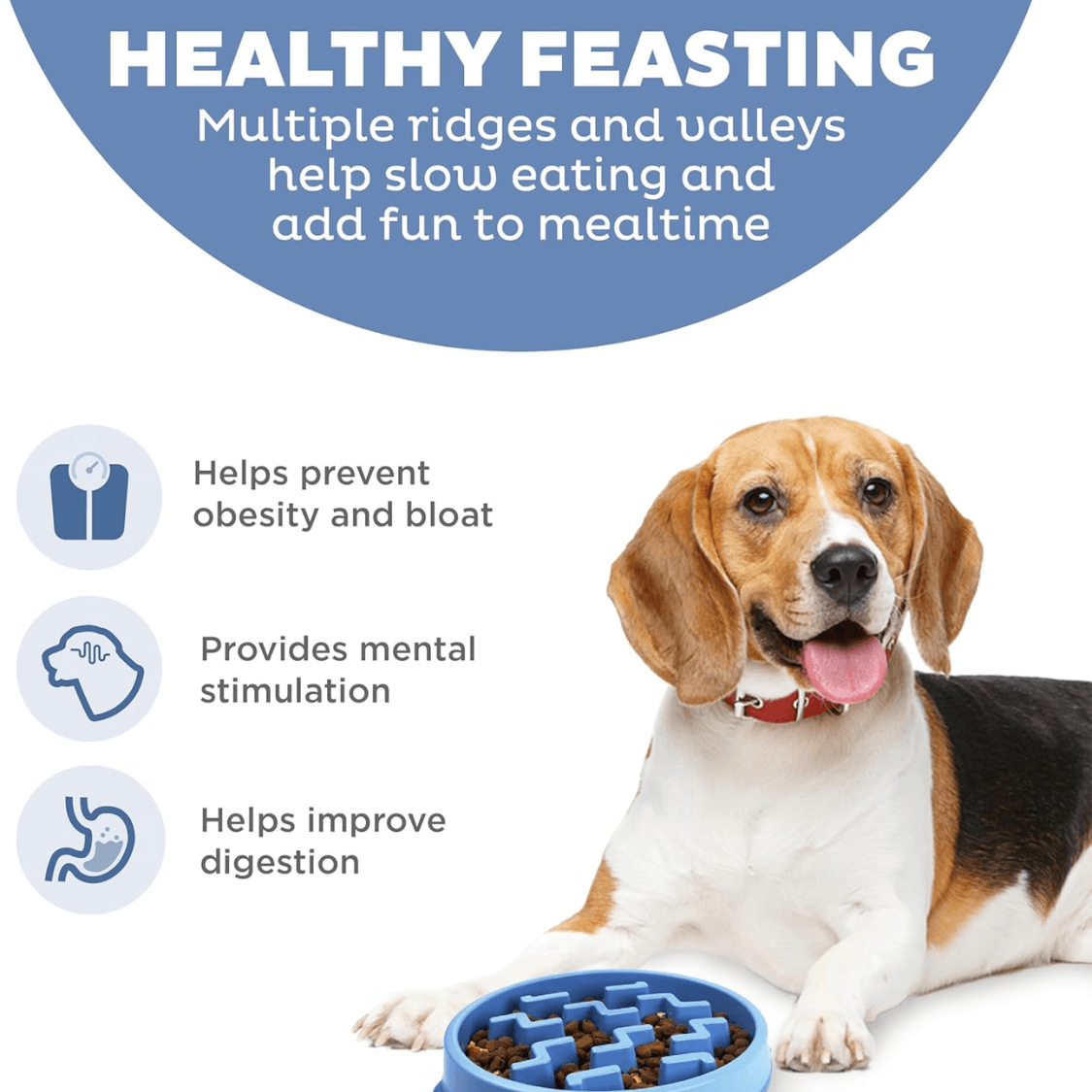 Feeder Slo Bowl Medium 2Cup Capacity, Slow Feeding, Small To Medium Dogs Cats, Non Slip, Blue, Notch Pattern