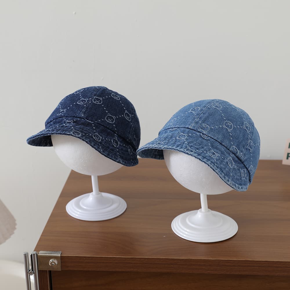 Retro Washed Denim Children's Baseball Cap With Full Pattern Of Little Bear Diamond Jacquard Soft Brim Fisherman Hat