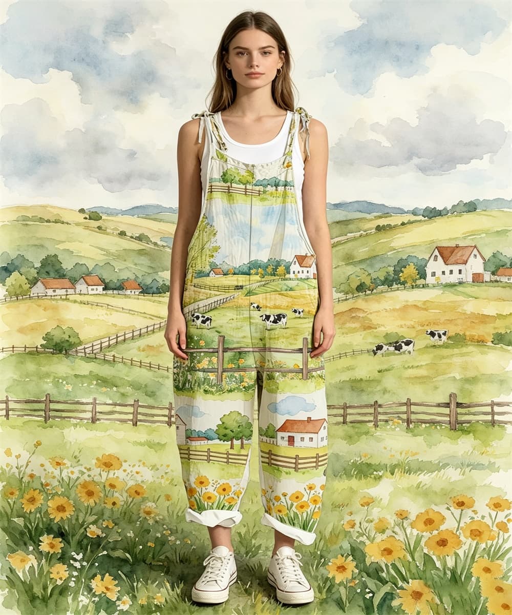 Women's Tie Shoulder Overalls, Watercolor Farm Landscape Print Wide Leg Jumpsuit