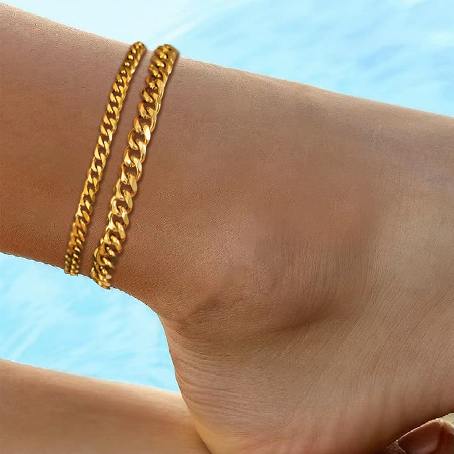 2Pcs Women Double Layer Cuban Chain Anklet Gold Silver Tone Stainless Steel Adjustable Curb Chain Ankle Bracelet Summer Beach Foot Jewelry Gift For Ladies