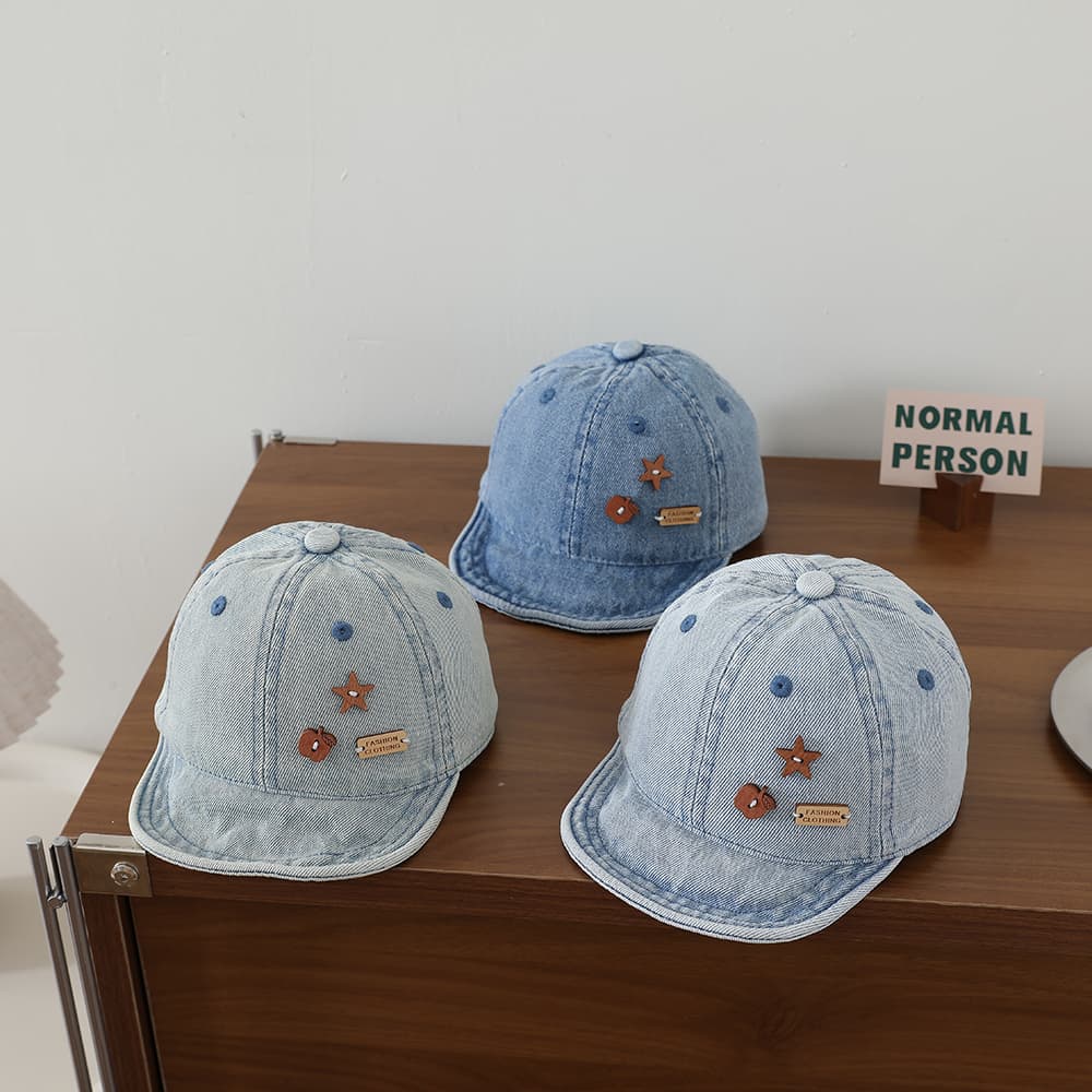 Star Apple Patch Children's Denim Baseball Cap - Retro Washed Soft Top Children's Baseball Cap For Outdoor Versatility