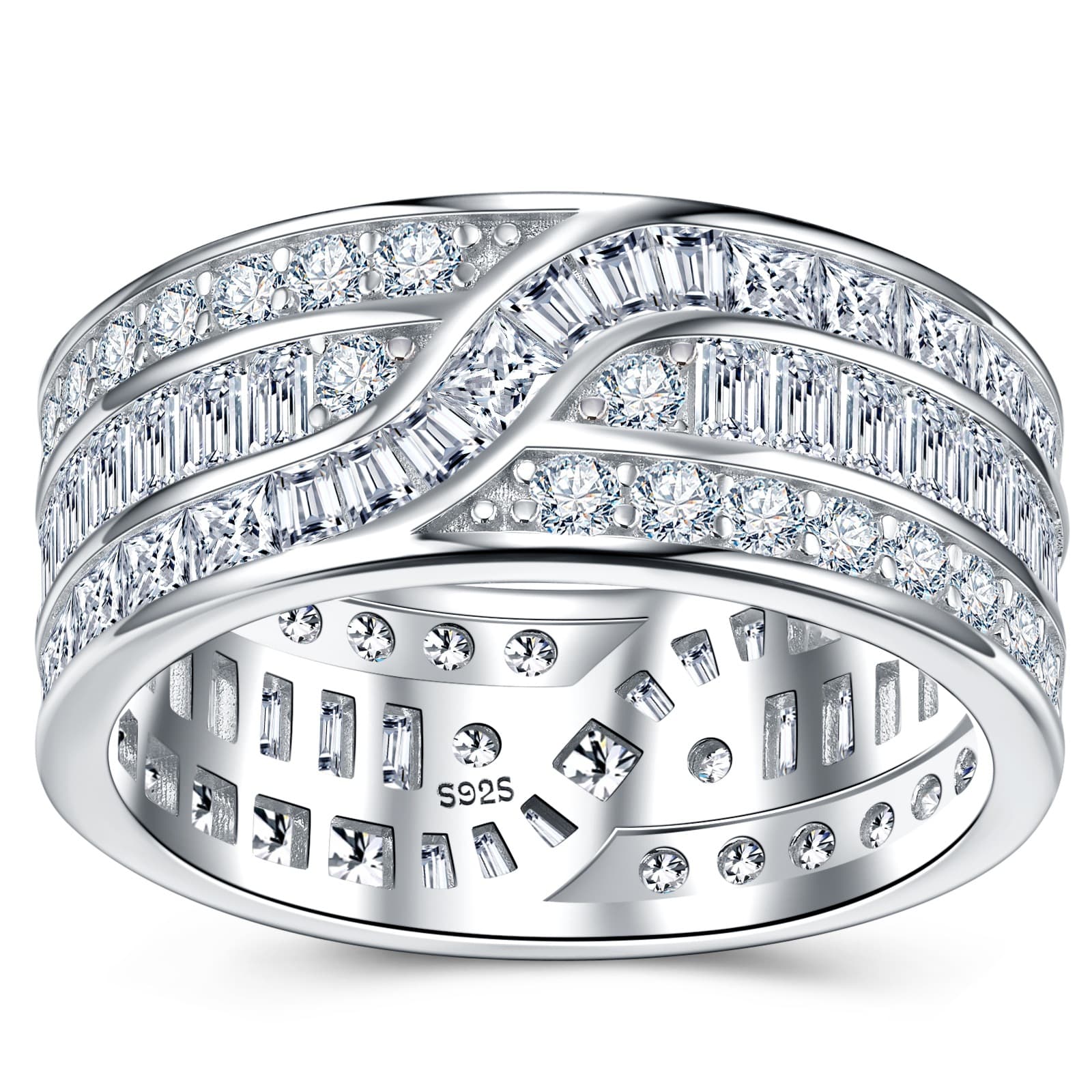 S925 Silver 4.5g Wide Moissanite Eternity Band, Baguette & Round D VVS1, GRA Certified US 5-8