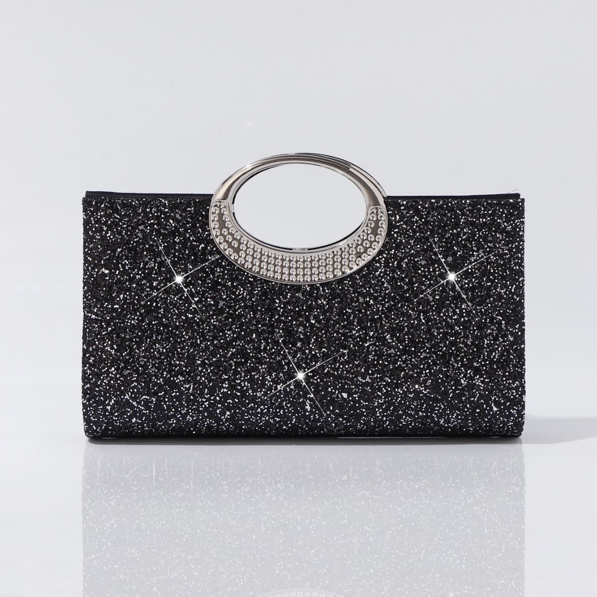 Womens Vintage Large Ring Handle Handbag, Premium Textured Sequin Clutch, Trendy Fashion Evening Bag