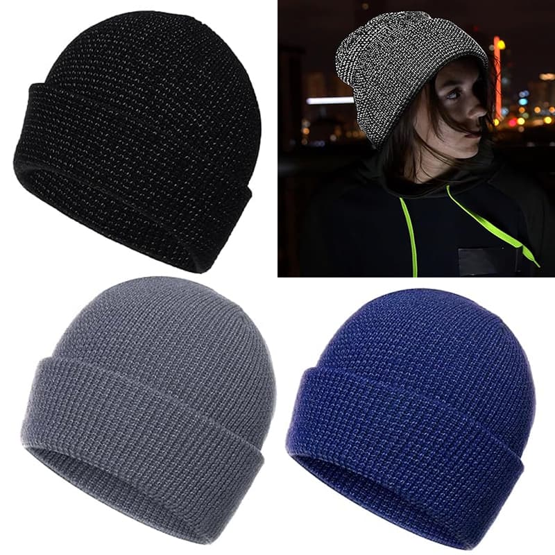 Winter Windproof Hat Knitted Reflective Beanie Hat Thick Warm Cap