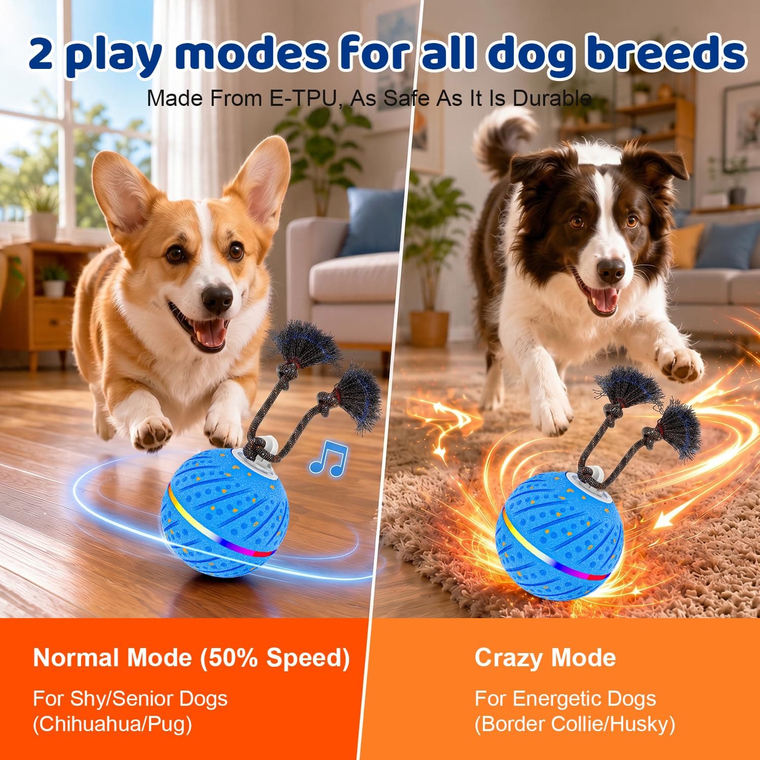 Smart Interactive Dog Toys Ball For Aggressive Chewers Medium Large,E-TPU Auto-Moving & Bouncing Ball, 2 Modes With RGB Lights & Bird Sounds,Bite-Resistant Rope, IP54 Waterproof, Type-C Fast Charge