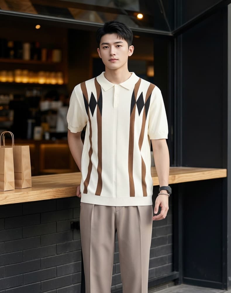 Cross-border Old Money Style Men's Argyle Ice Silk Knitted Polo Shirt, Color-block Casual Men's Paul T-shirt