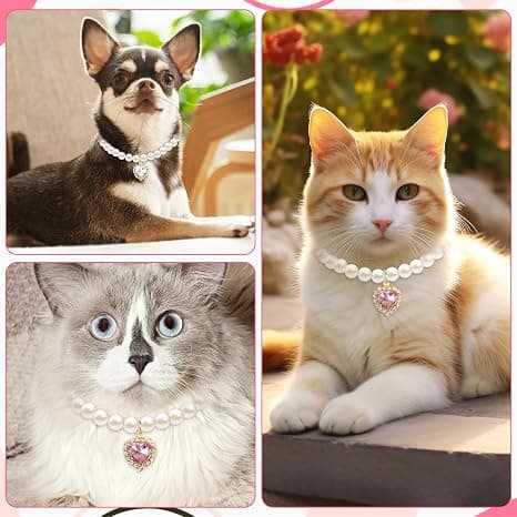 2-Piece Adjustable Pearl Pet Collars With Heart-Shaped Rhinestones, Pink And White