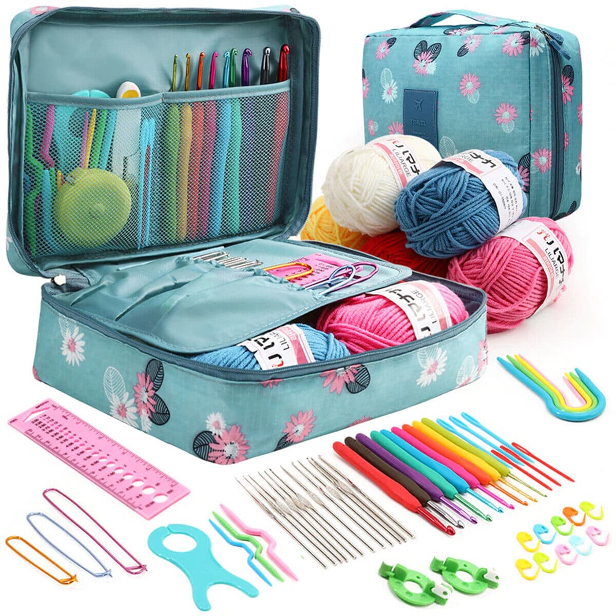 59Pcs Ergonomic Crochet-Hook Set 5 Rolls Yarn Knitting Needles Kit ForStarters