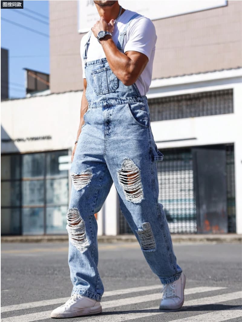 Men Distressed Denim Overalls Light Wash Ripped Bib Pants Loose Fit Streetwear Dungarees US Ready Stock