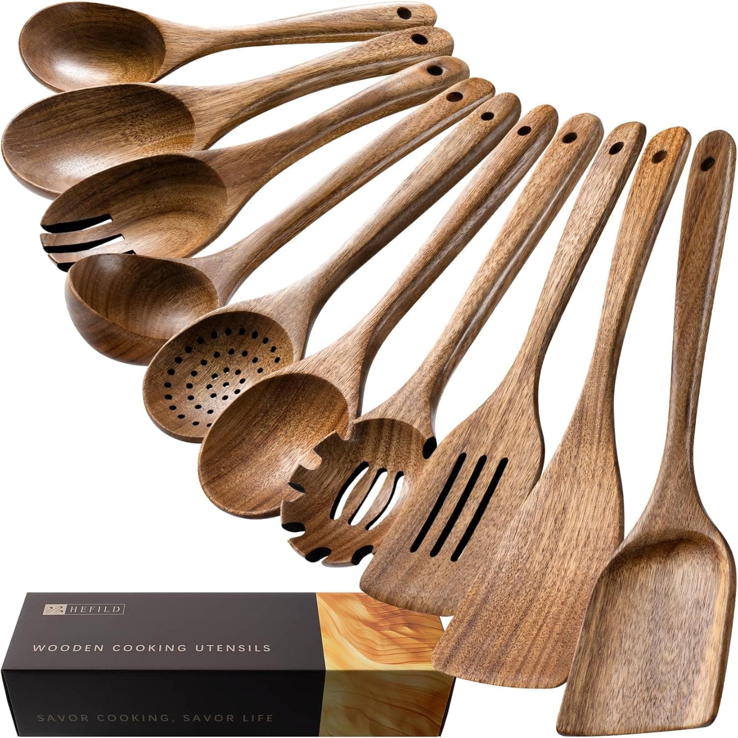 10 Pack Wooden Cooking Spoons, Acacia Wood Kitchen Utensil Set, Durable Wooden Tools For Cooking, Stirring, Mixing, Serving & Baking