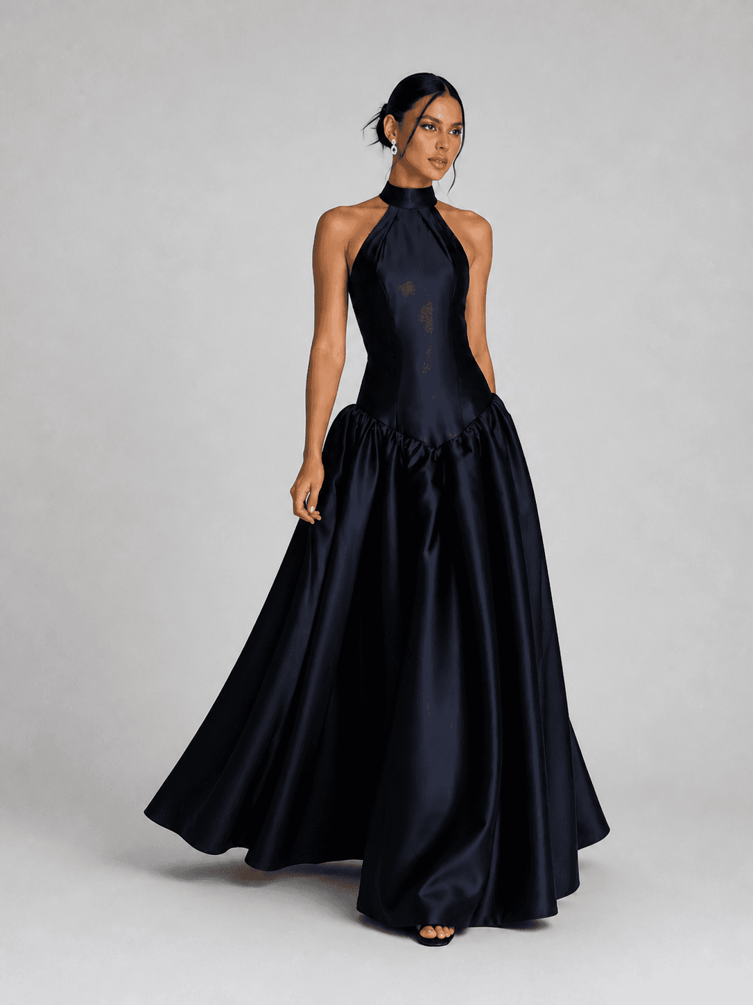Midnight Navy Satin Halter Neck Ball-Gown Evening Dress