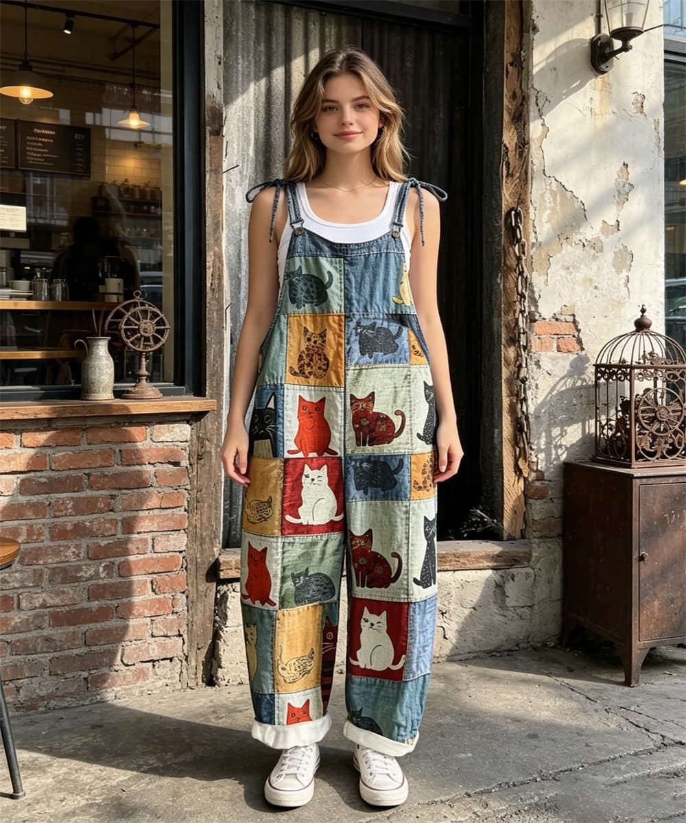 Women's Tie Shoulder Overalls, Patchwork Cat Cartoon Print Denim Wide Leg Jumpsuit