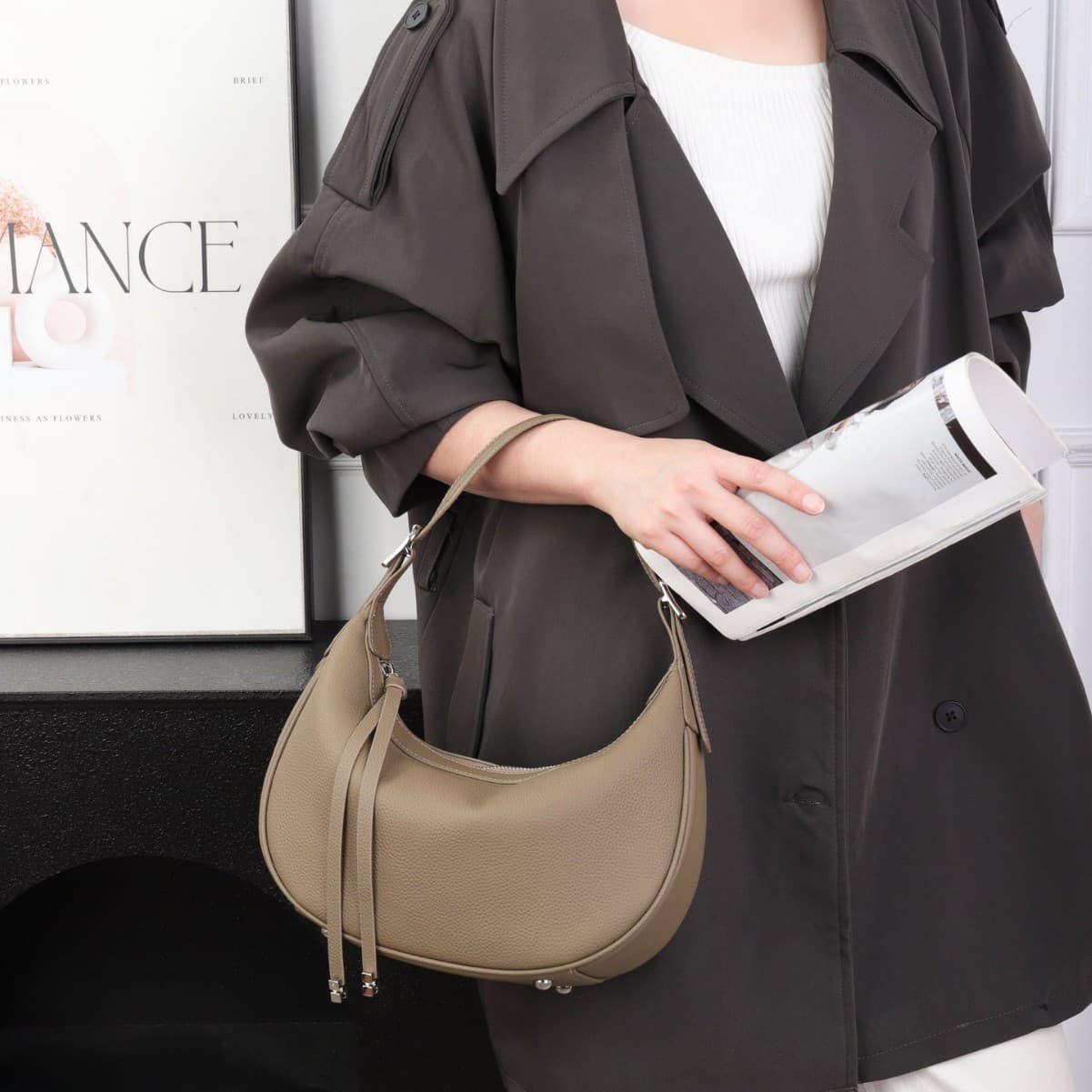 Cross-border Fashion Minimalist Top-grain Leather Dumpling Bag, Genuine Leather Women's Bag, Light Luxury Shoulder And Crossbody Half-moon Underarm Bag