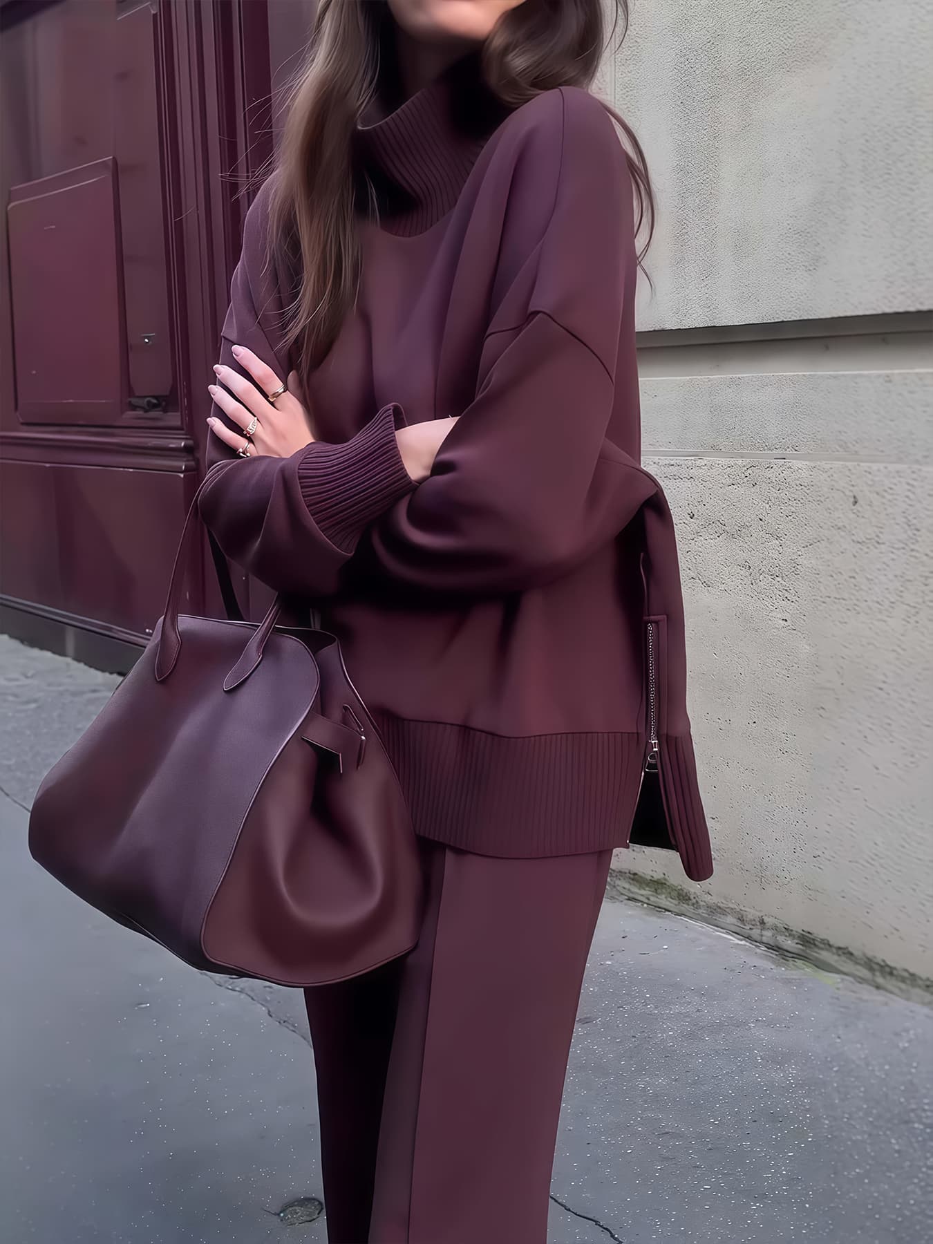 2026 New Women's Solid Color Plus Velvet Two-piece Suit, Long-sleeved High-neck Side Slit Zipper Sweatshirt And Wide-leg Pants, Machine Washable, Winter Clothes For Women