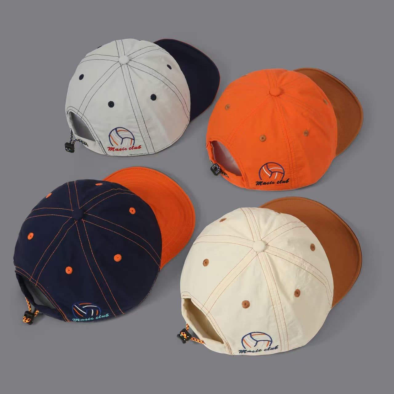 Overhanging Color-matching Quick-drying Five-piece Cap - Volleyball Letter Embroidery Mountain-style Outdoor Functional Drawstring Sunshade Workwear Cap
