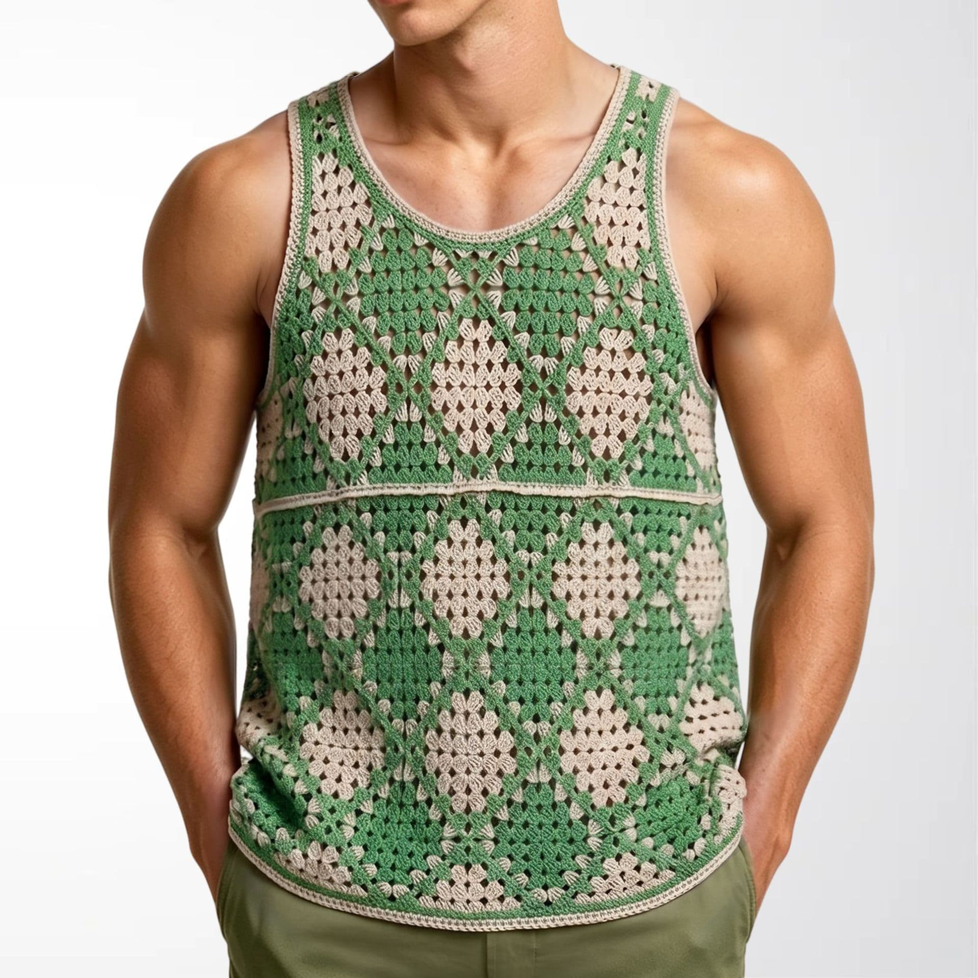 Men's European And American-style Hollow-out Knit Vest With Green And Apricot Color-blocked Diamond Pattern, Water-soluble Crocheted Sleeveless Top