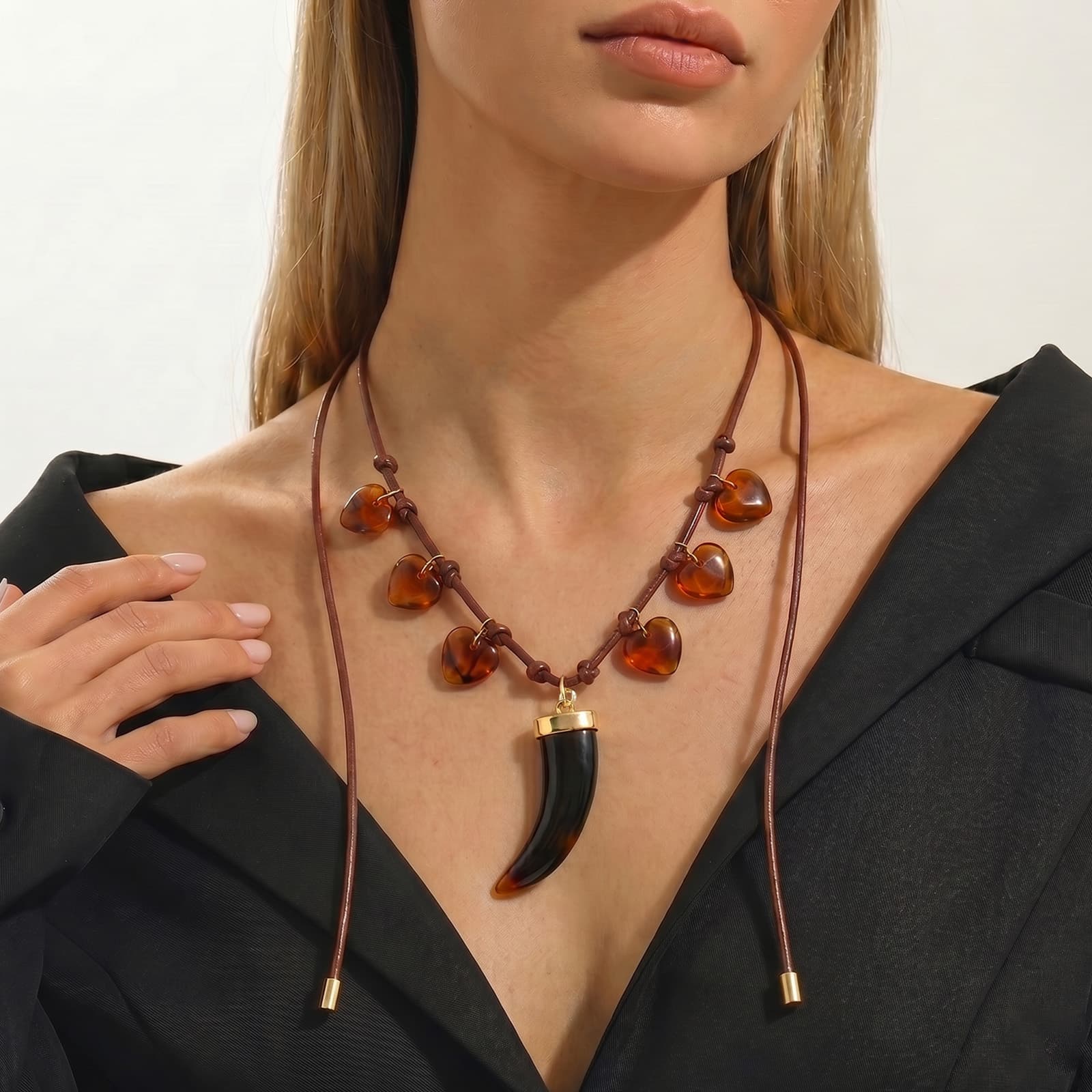 Boho Leather Cord Necklace For Women Vintage Resin Wolf Tooth Pendant Choker Amber Heart Beads Charm Necklace Long Layering Tribal Bohemian Statement Jewelry