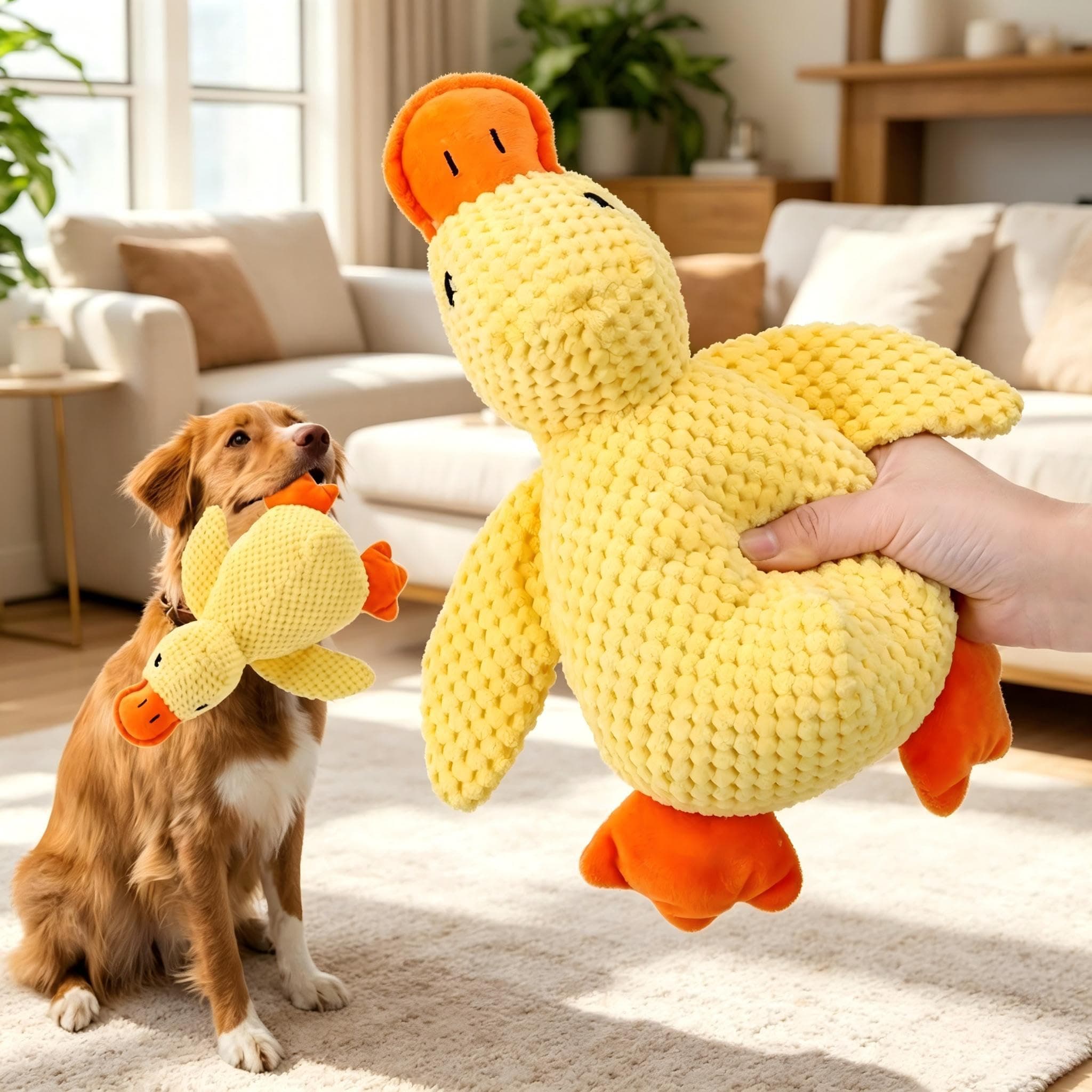 Yellow Plush Launching Duck Pet Toy, Squeaky Chew Durable Teething Toy, Soft Cuddly Companion For Dogs & Cats, Boredom Relief Interactive Play Duck