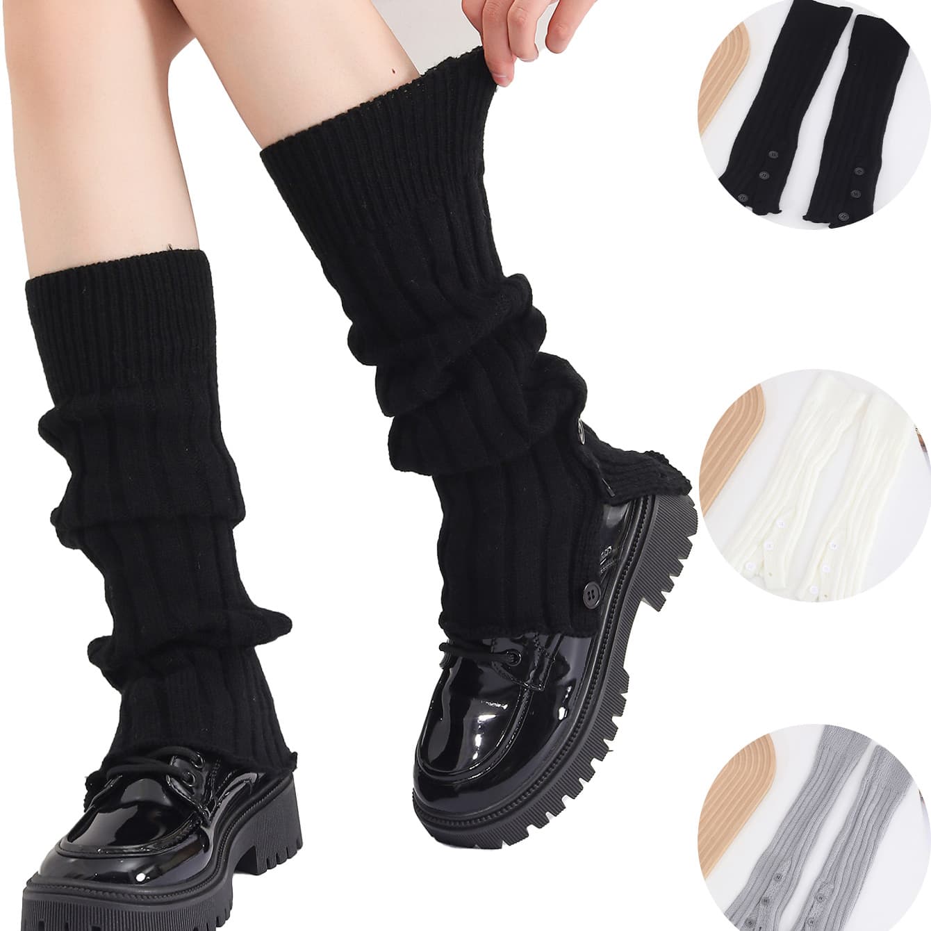 Spring Autumn Winter Gray Pile Slouch Socks JK Milky White Warm Leggings Women's Knee Black Knitted Split Calf Daily Acrylic