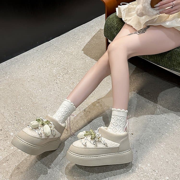 Platform Crisscross Straps New Arrival For Autumn & Winter, Fashion Fleece Lined Warm Slipon Elastic Ankle Cotton Shoes