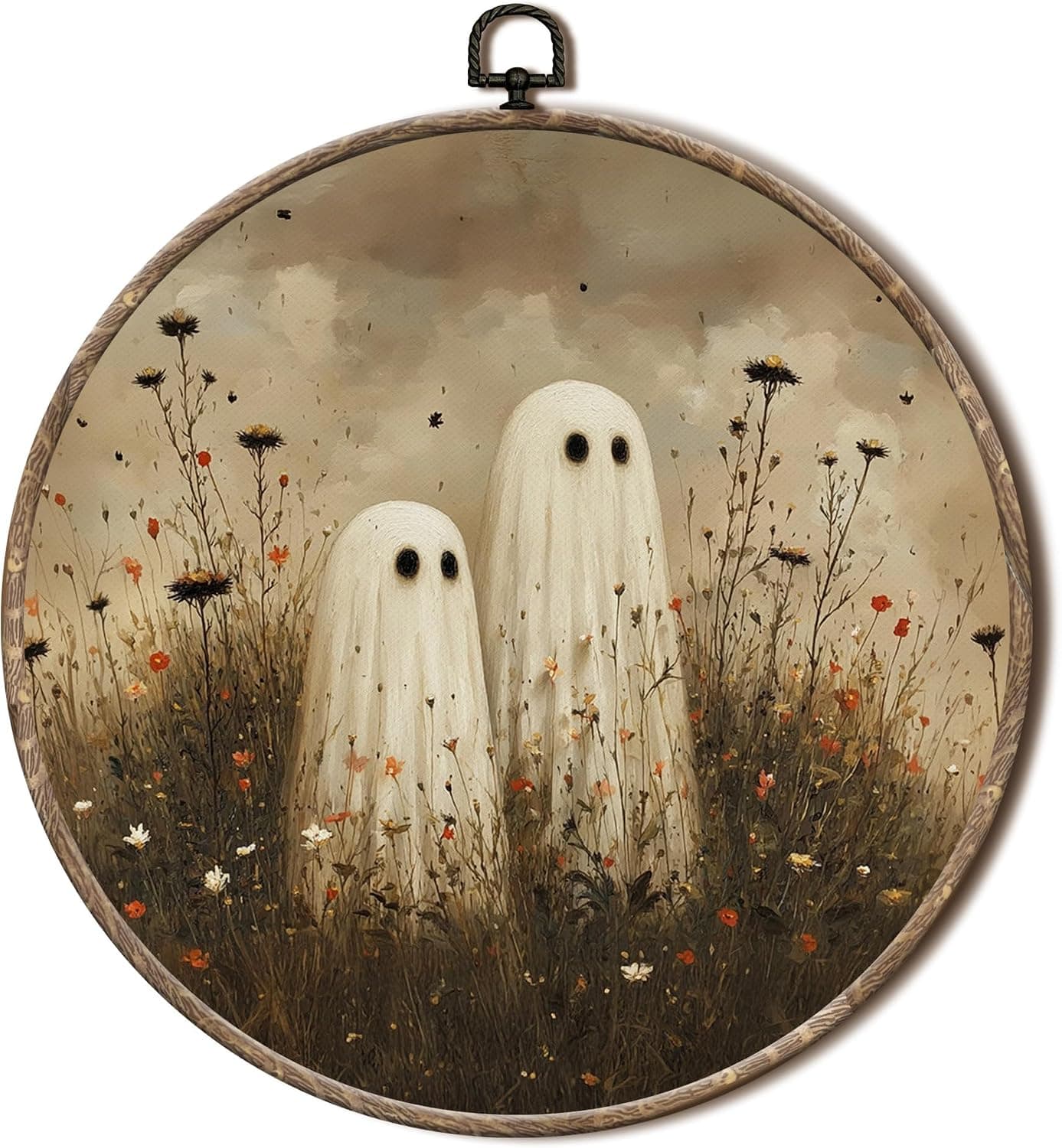 Vintage Halloween Ghost Round Wall Art, Moody Wildflower Spooky Ghost Framed Canvas Print, 10 X 10 Inch Hanging Decor For Home