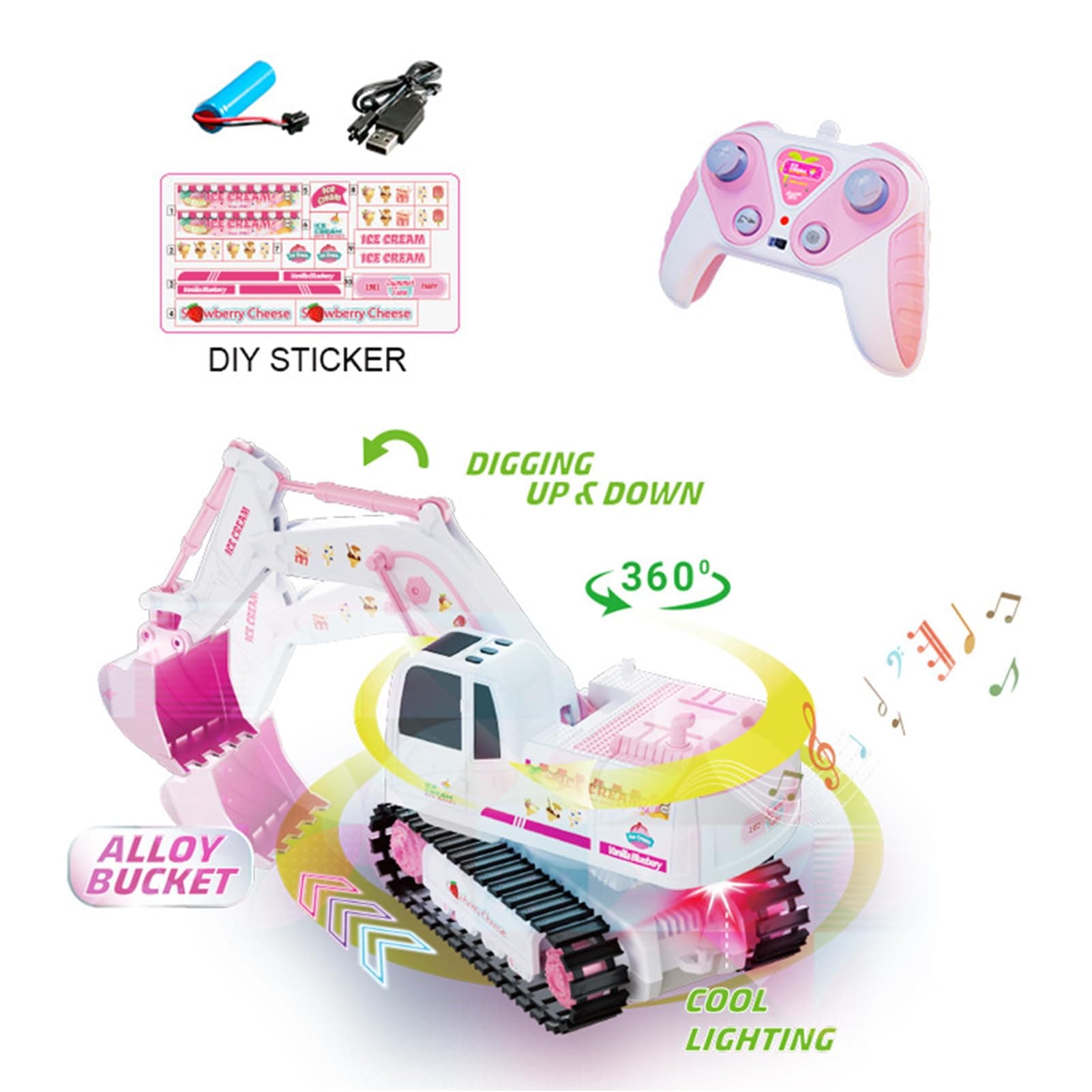 Pink Remote Control Excavator Toy Rechargeable Tracked Construction Vehicle With Lights And Music  Suitable For Girls And Children Ages 3 And Up,Pickup Only