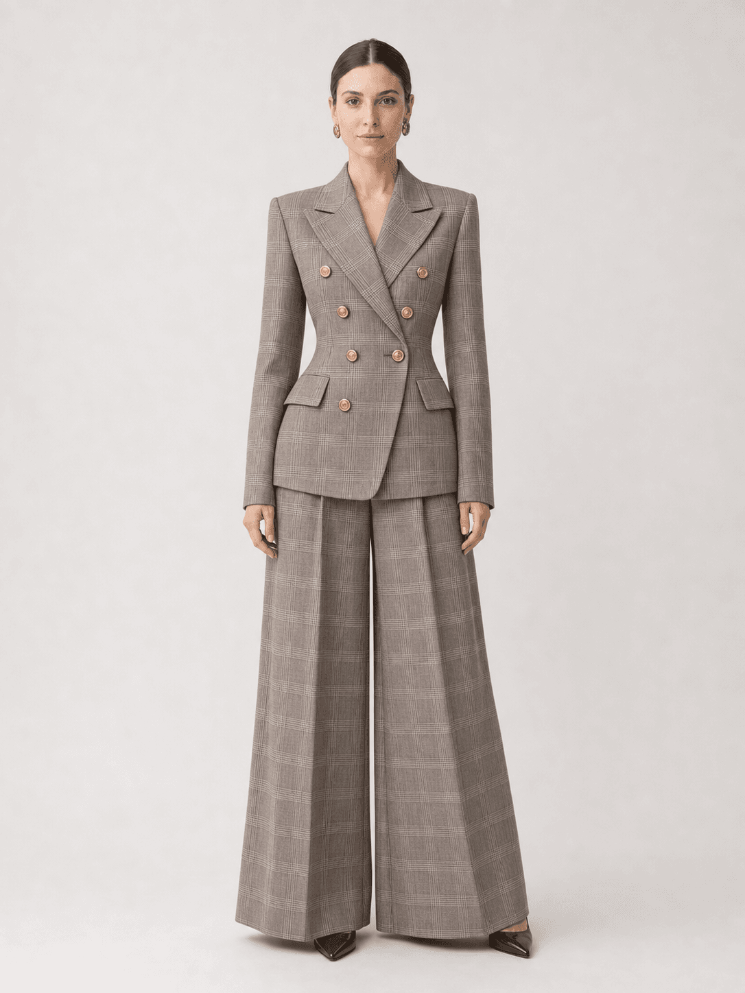 Taupe Plaid Double-Breasted Suit Two-Piece Set