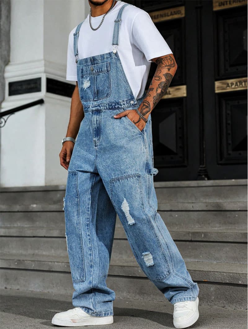 Distressed Light Blue Denim Overalls Men Ripped Loose Fit Vintage Streetwear Bib Overalls US Stock