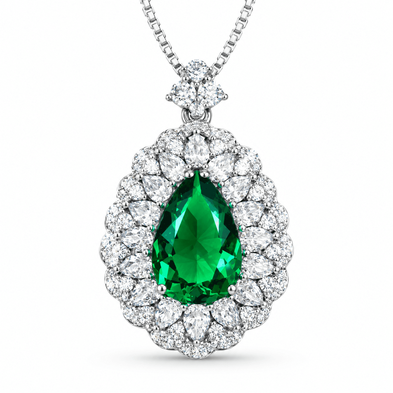 Pear Cut Simulated Emerald Double Halo Pendant Necklace For Women, Copper Plated Silver Pear Shape White Cubic Zirconia Vintage Floral Royal Bridal Wedding Statement Jewelry Gift