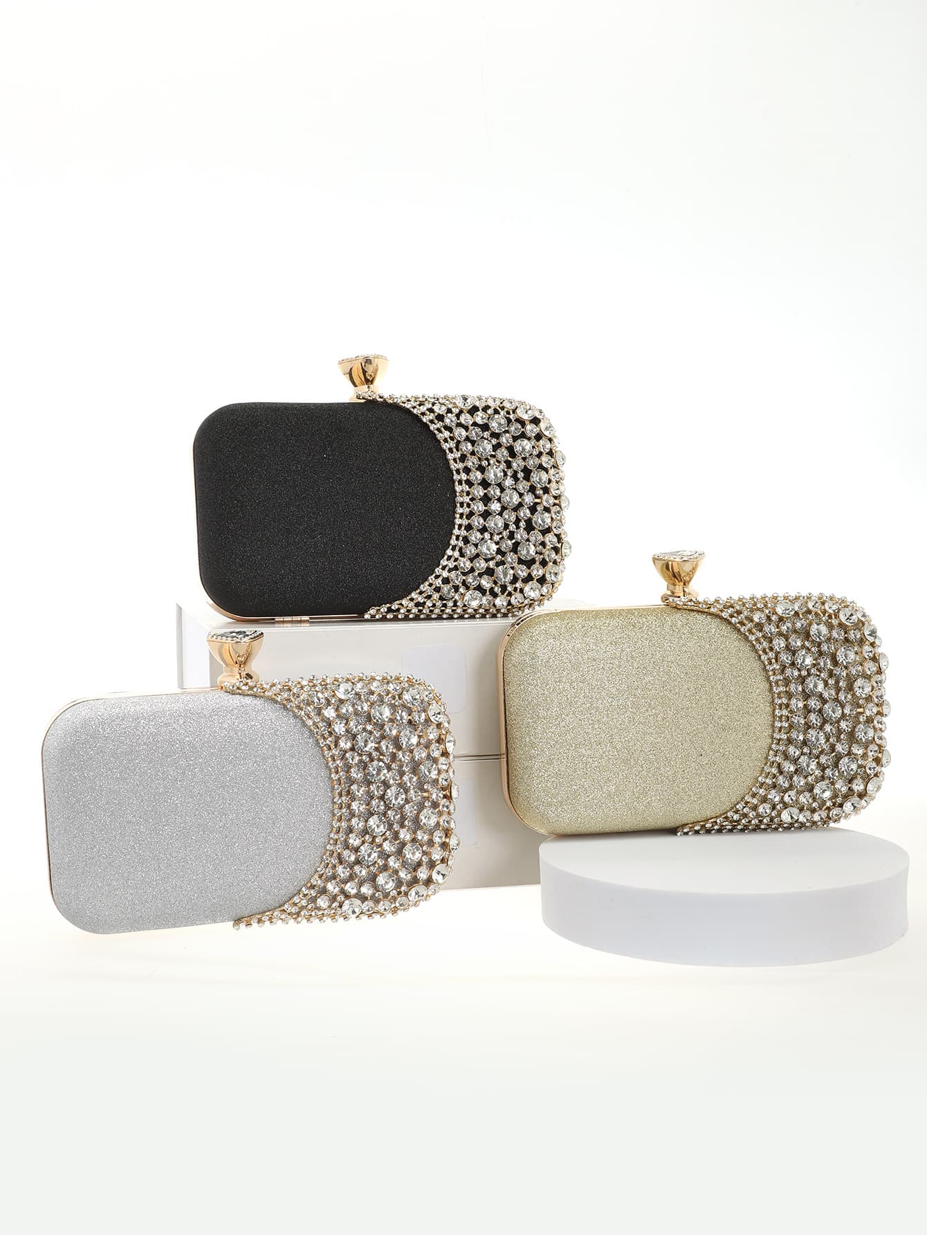 Women's Metallic Half Rhinestone-Studded Alloy Evening Clutch Formal Gown & Banquet Bag, Socialite Crossbody Purse, Elegant Evening Handbag