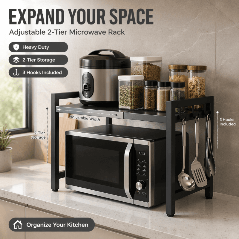 Black Single-layer Double Bar With 6 Hooks And Extendable Kitchen Storage Rack