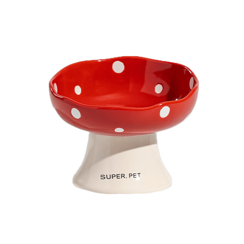 Red Mushroom Cat Bowl, Elevated Ceramic Bowl For Cats Cute Mushroom, Elevated, Ceramic, Whisker Friendly, Wide Opening, Stable, Easy Clean