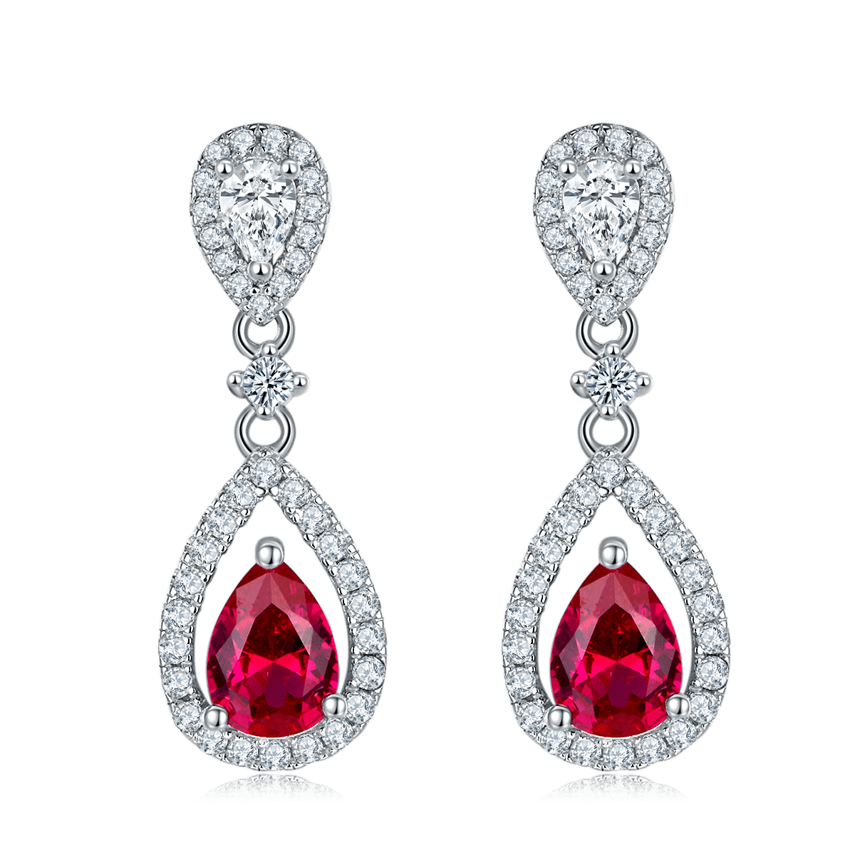S925 Silver 3.9g Lab-Created Ruby Drop Earrings, 0.8ct 7x5mm Halo, Pair