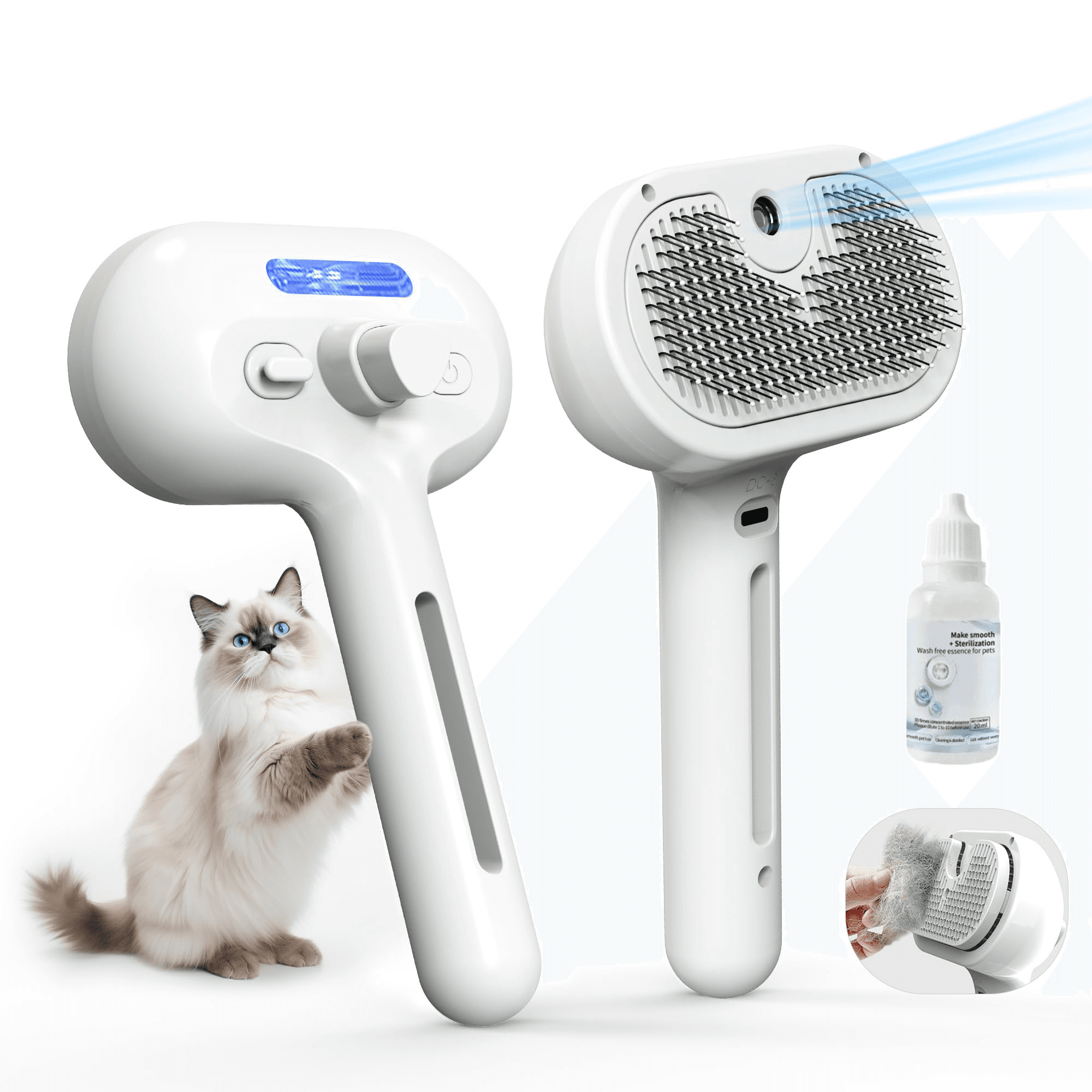 Pet Steam Brush For Cats & Dogs, Cool Mist Self-Cleaning Comb, White Cool Mist Pet Brush With Self-cleaning Hair Release, Stainless Steel Bristles And Grooming Essence For Cats And Dogs