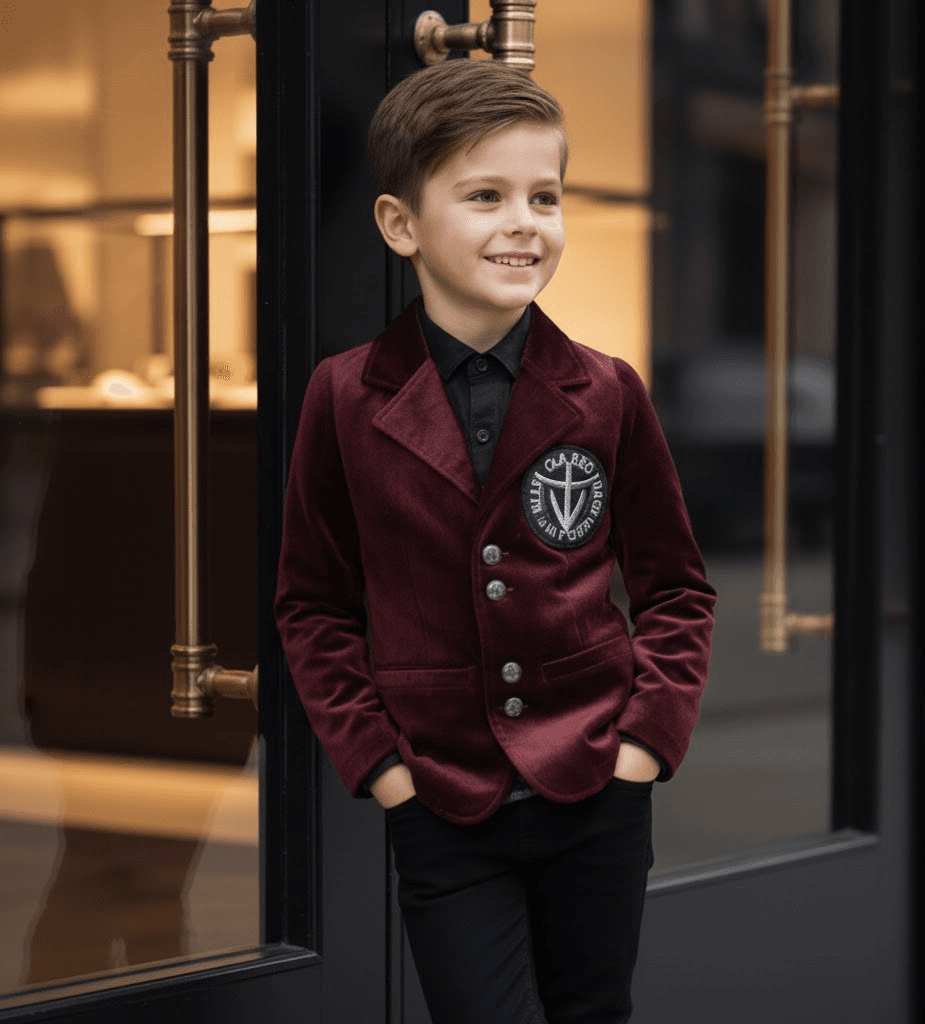Boy Formal Suit Birthday Party Jacket Velvet Blazer Wine Red 3-7y Slim Fit