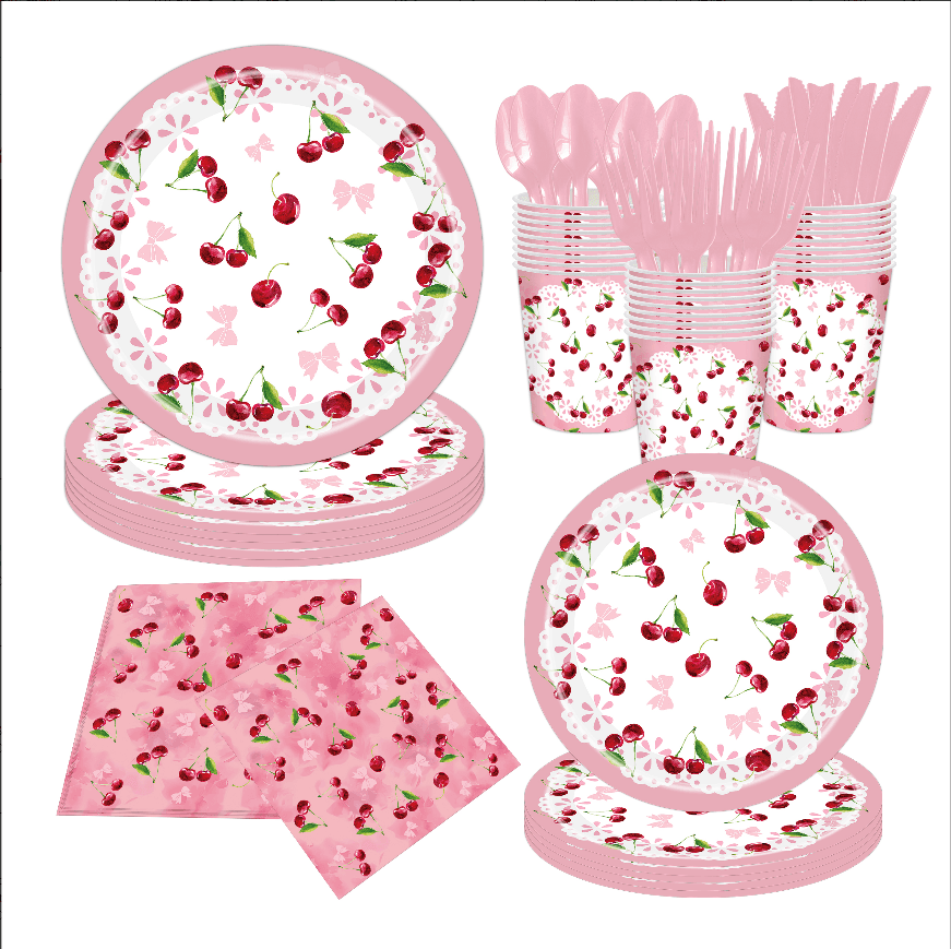 Cherry Bow Disposable Tableware Set, Sweet Cherry Fruit Party Plates Cups Napkins Cutlery