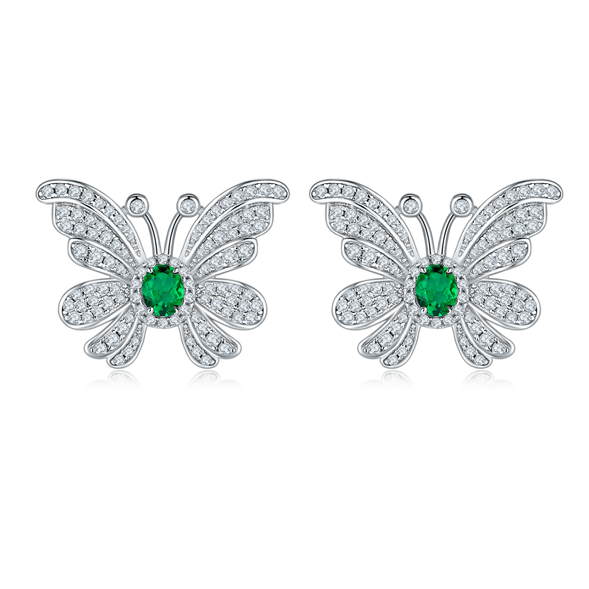 S925 Silver 6.6g Platinum Plated Butterfly Earrings, 0.39ct Lab-Created Emerald, Pair
