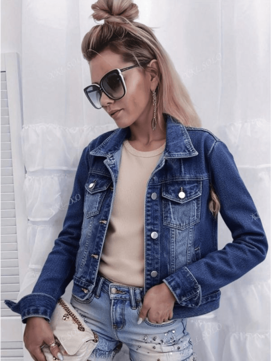 Women's Vintage Denim Jacket Two Tone Washed Blue Cropped Jean Jacket Fashion Trucker Outerwear US Ready Stock