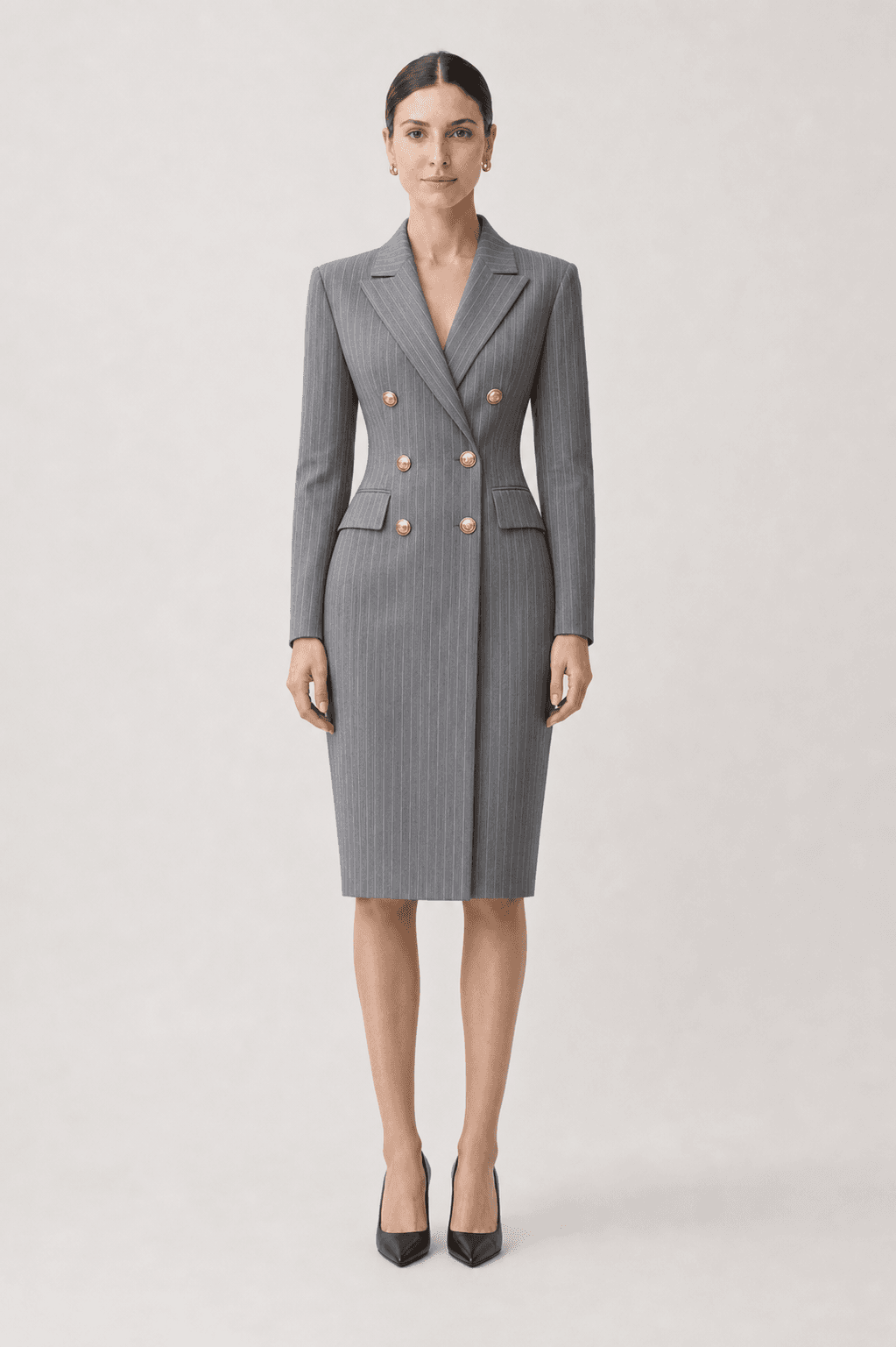 Grey Pinstripe Double-Breasted Blazer Midi Dress