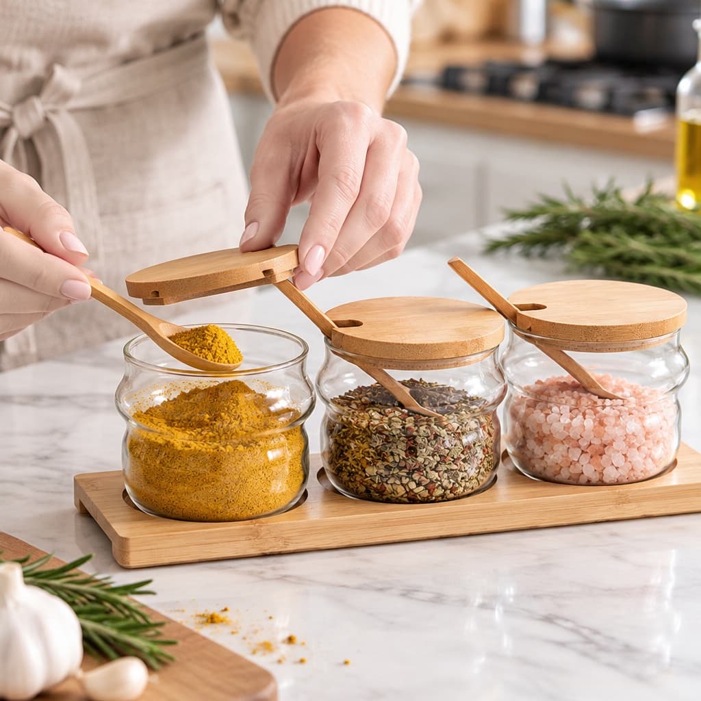 Glass Spice Jars Set Of 3 With Bamboo Lids, Spoons And Tray, 230ml Seasoning Containers