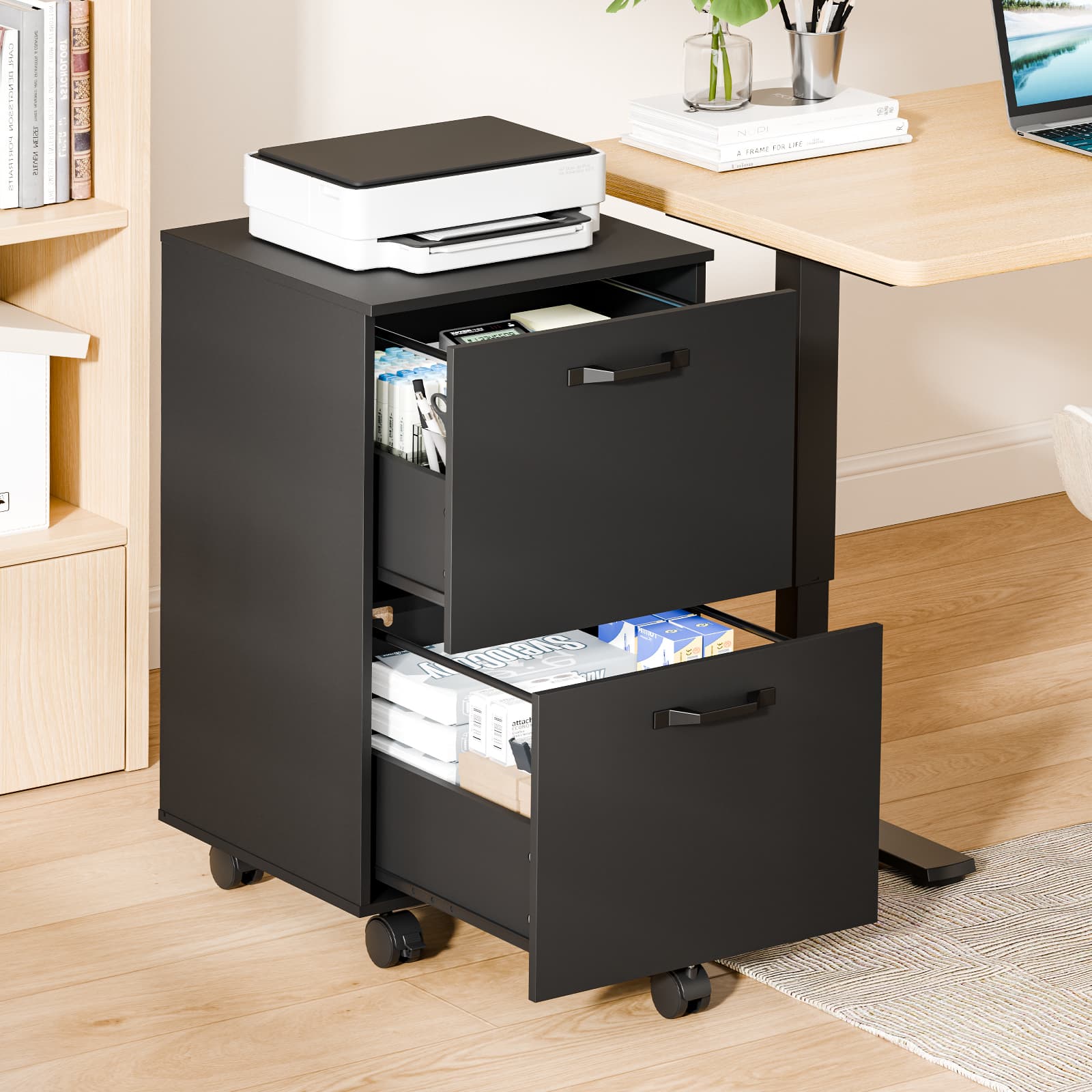 Double-drawer Filing Cabinet, With An Under-table Printer Stand And Lockable Wheels, Designed For Storing A4-sized And Standard-sized Documents.