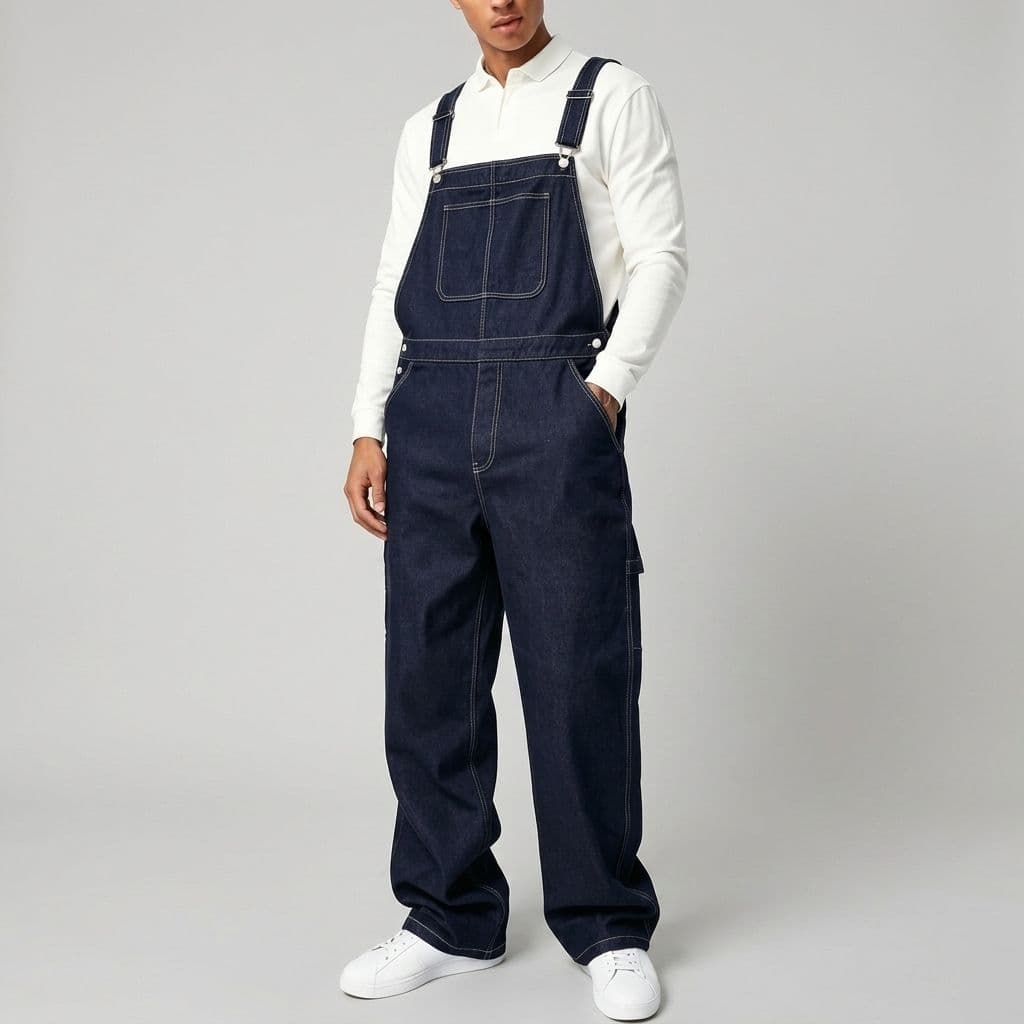 Dark Indigo Mens Denim Bib Overalls Loose Straight Leg Carpenter Workwear Dungarees US Ready Stock