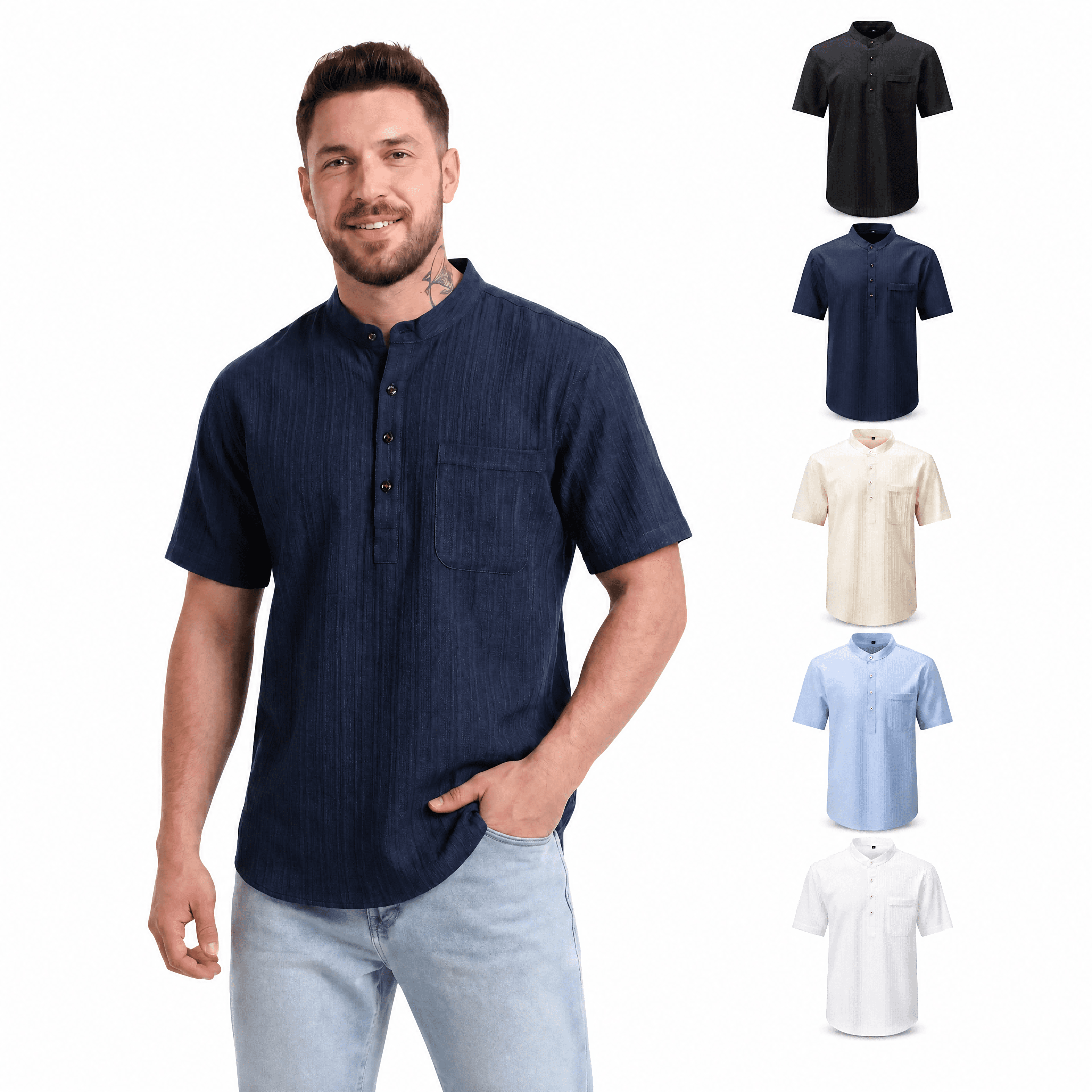 Jiana Cross-Border Summer Short-Sleeved Men's Shirt With Henry Collar, Casual Vacation Fashion Versatile Shirt, Men's Stand-Up Collar T-Shirt