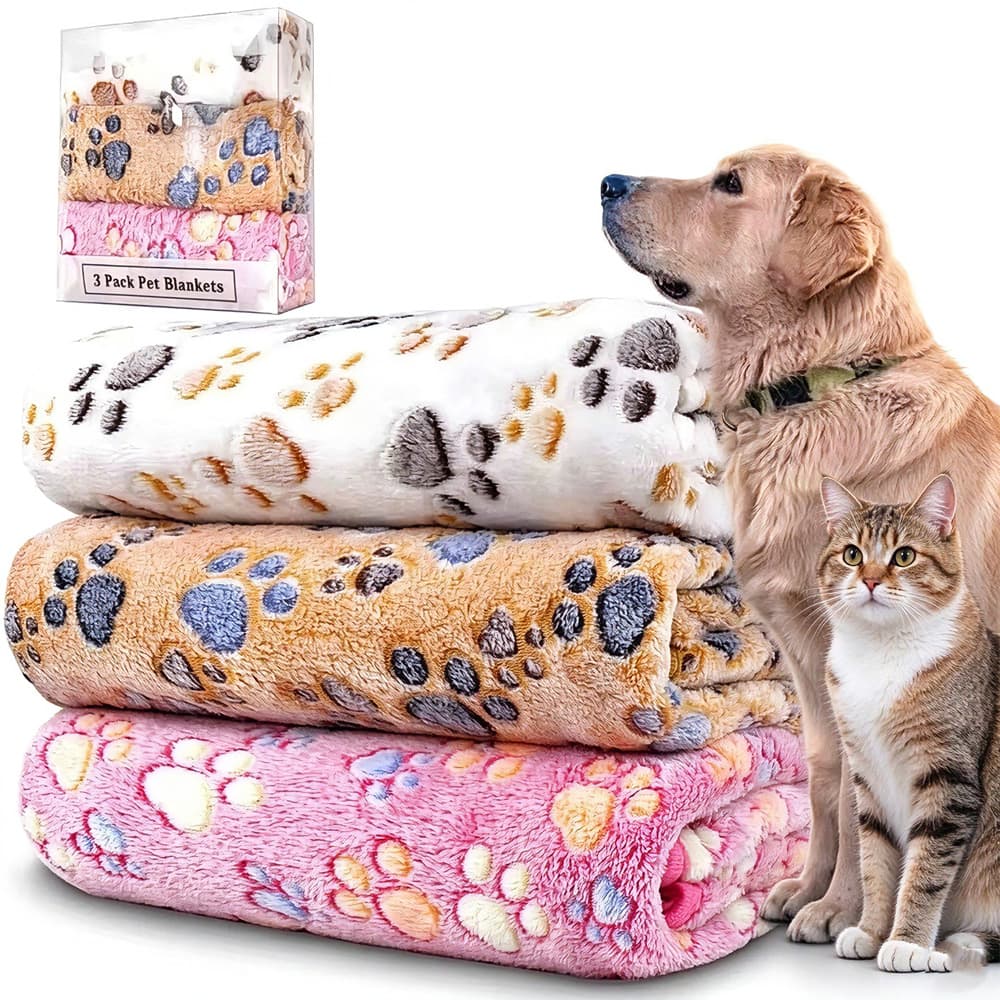 3 Pack Pet Blanket, Soft Plush Paw Print Dog Blanket Washable, Warm Fleece Cat Blanket For Large Medium Dogs, Sofa Couch Bed Cage Protector,23 X 16 In,30 X 20 In,41 X 31 In,47.2 X 39.3 In