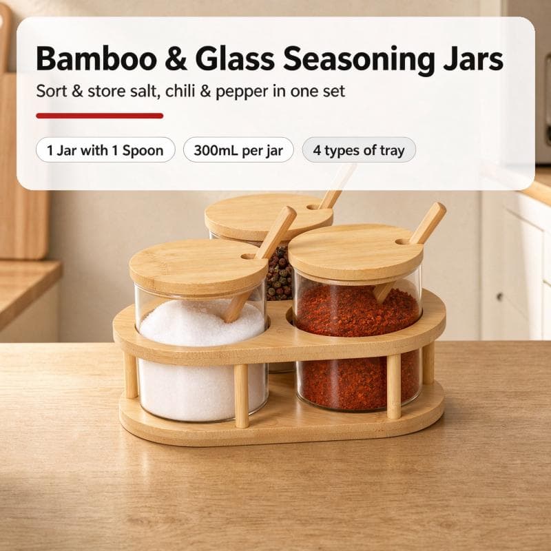 Glass Spice Jars Set Of 3 With Bamboo Lids, Spoons And Tray, 300ml Seasoning Containers