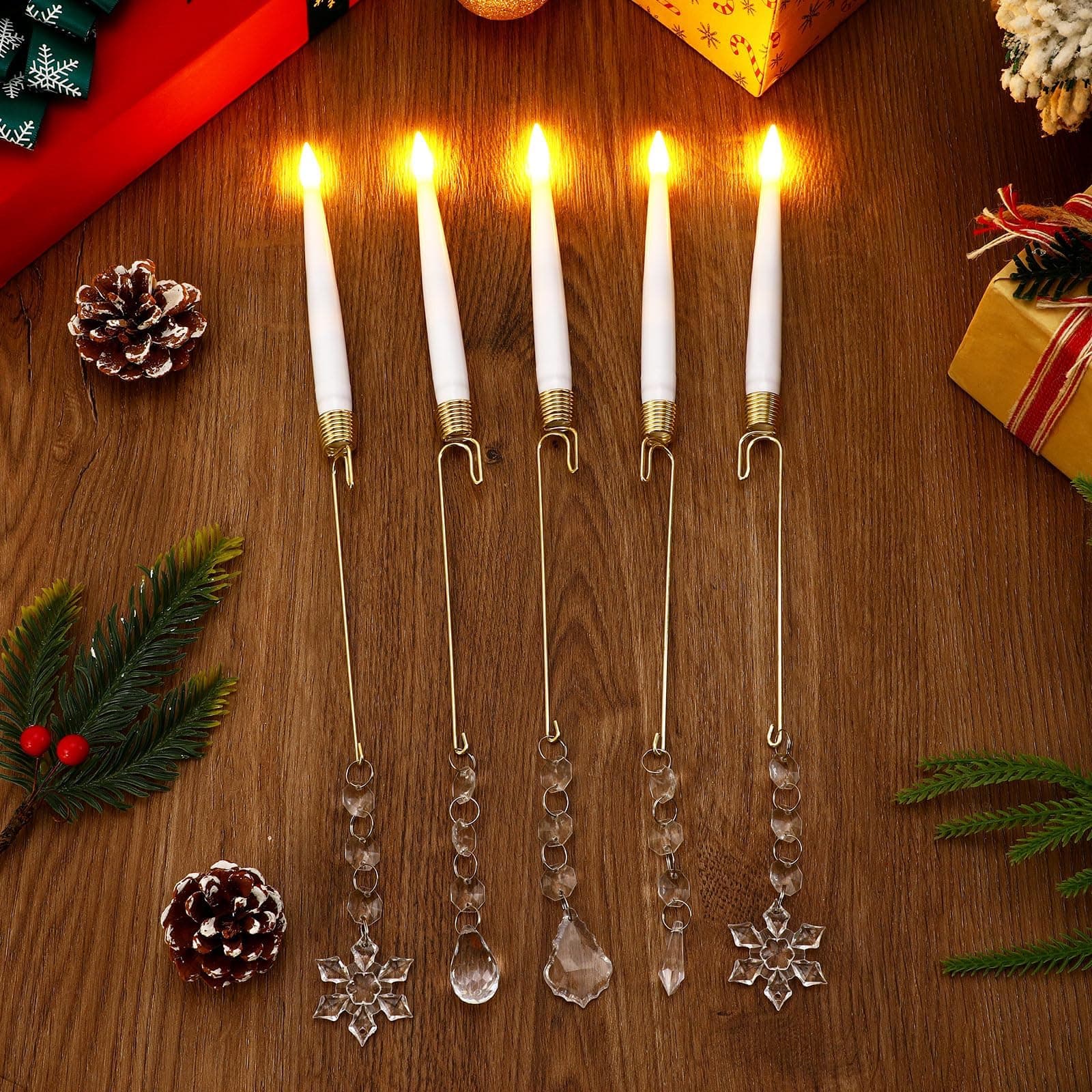 12pcs Christmas Tree Candle Flameless Taper Window With Hook Acrylic Pendant Design, Taper Window Candle, Spring Hook Attached, Indoor Holiday Decor, Flameless Safe